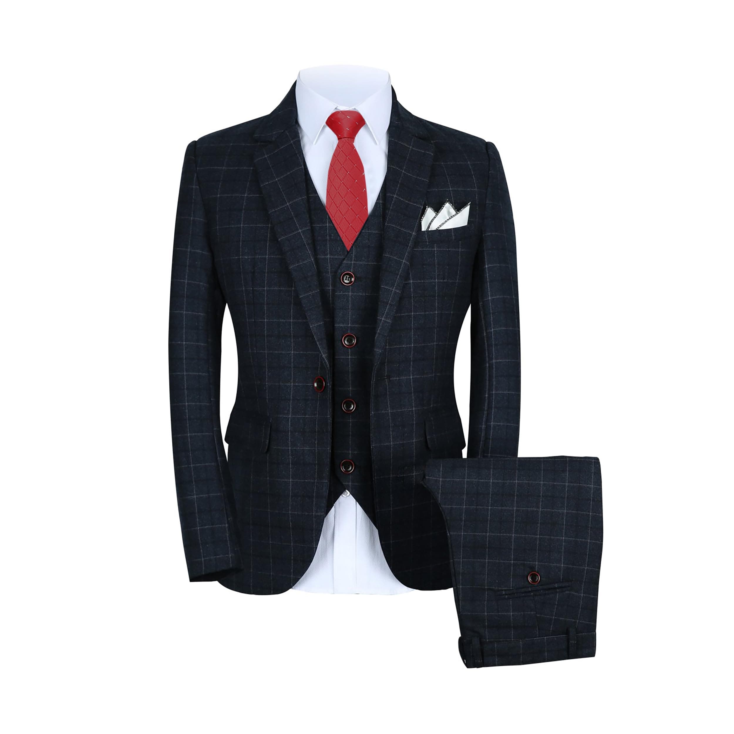 Mens 3 Piece Slim Fit Plaid Suit Blazer Jacket+Vest+Pants