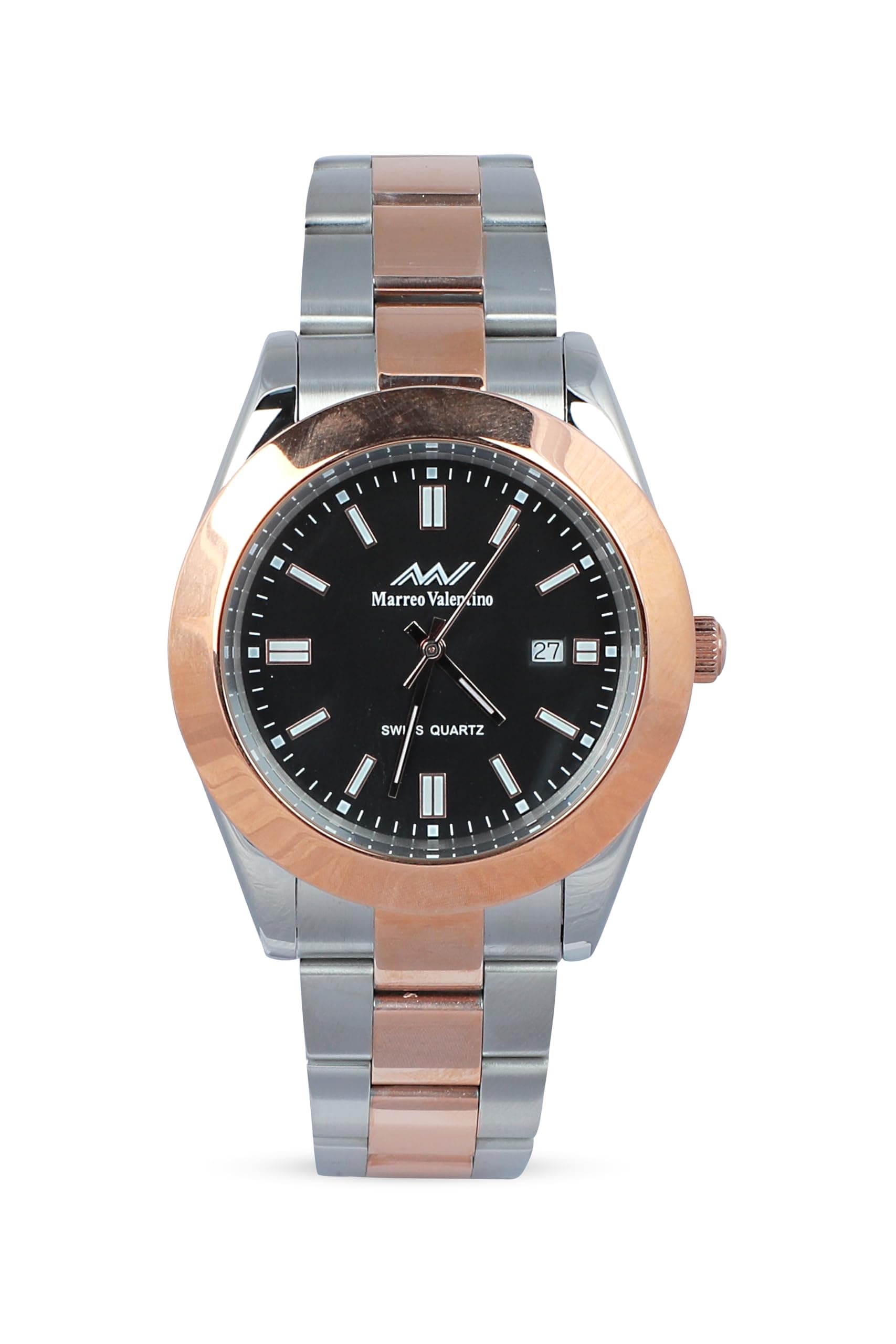 Marreo Valentino Men's Silver/Rosegold Wrist Watch with Black Dial, Index Numbers and Date