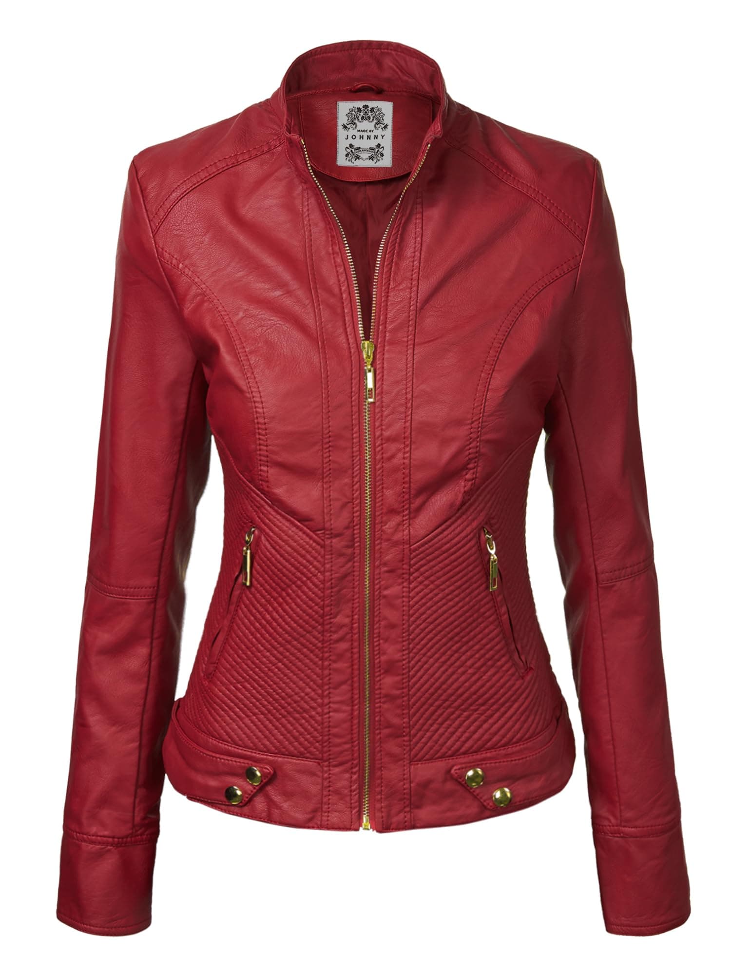 Made By Johnny MBJ Womens Faux Leather Zip Up Moto Biker Jacket with Stitching Detail