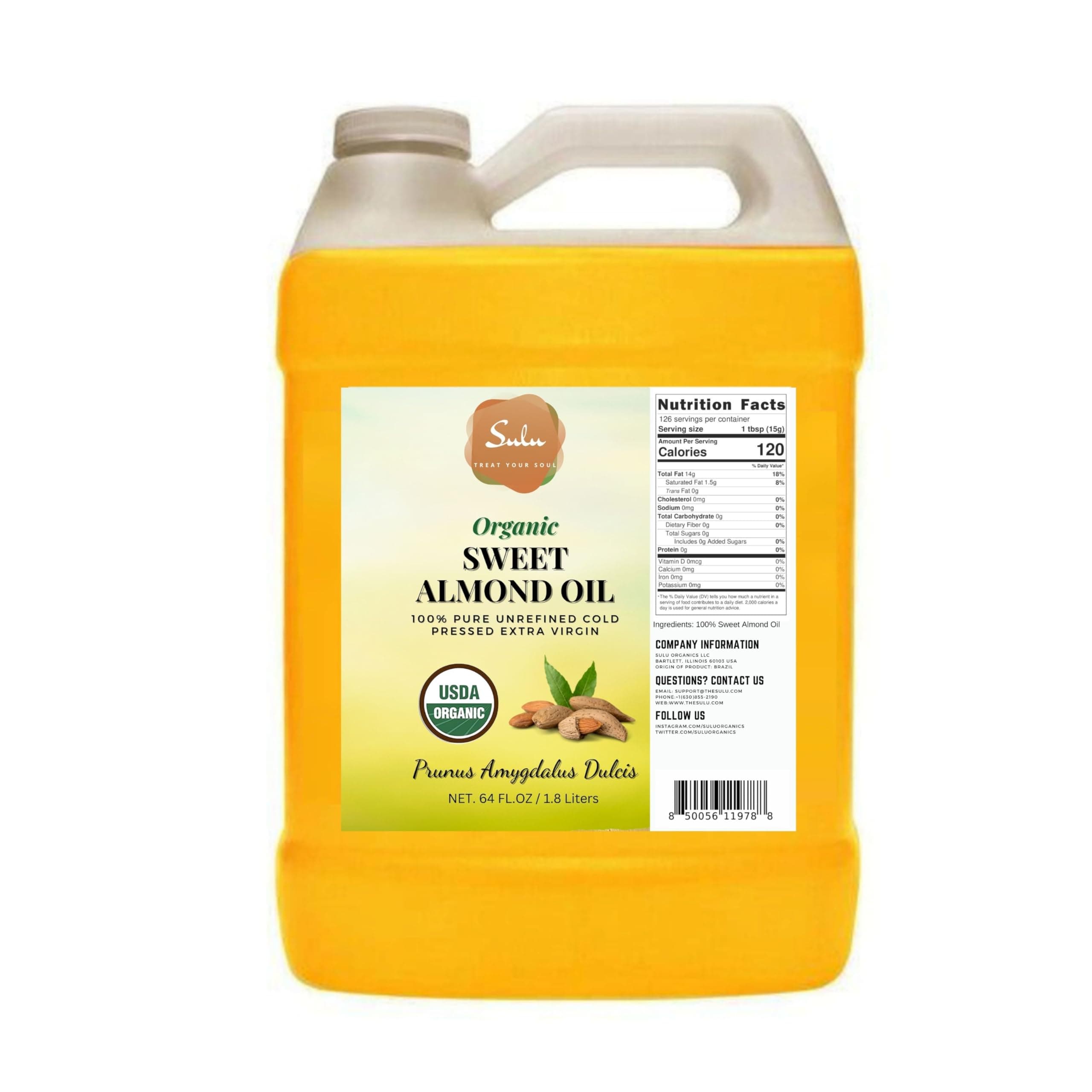 Certified Organic Unrefined Cold Pressed Sweet Almond Oil- 4 lbs/64 fluid ounces