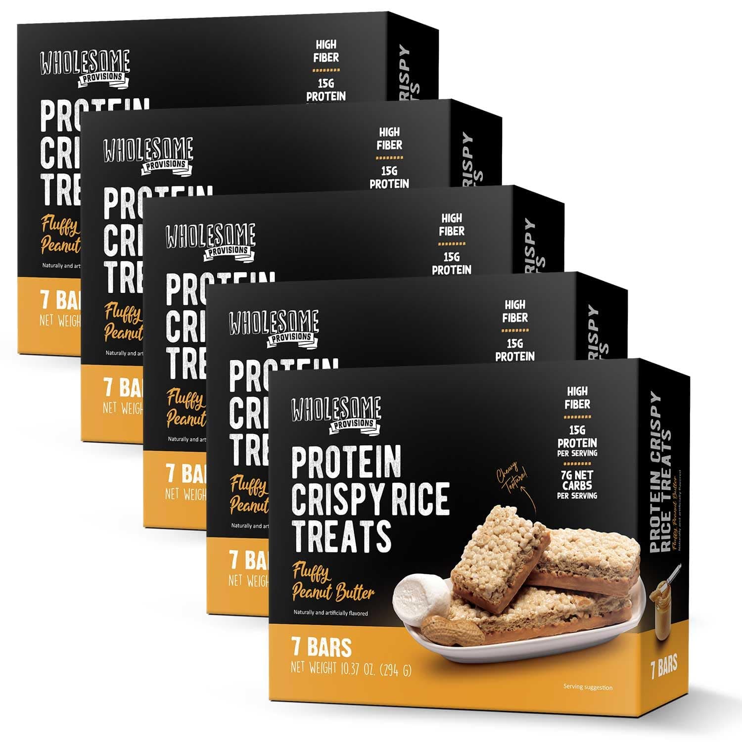 Protein Crispy Rice Treats, 15g Protein, 3g-7g Net Carbs, Low Carb, Fluffy, Soft, Chewy, Gluten Free, High Fiber, Keto-Friendly, No Aftertaste (Fluffy Peanut Butter, 5 Pack)