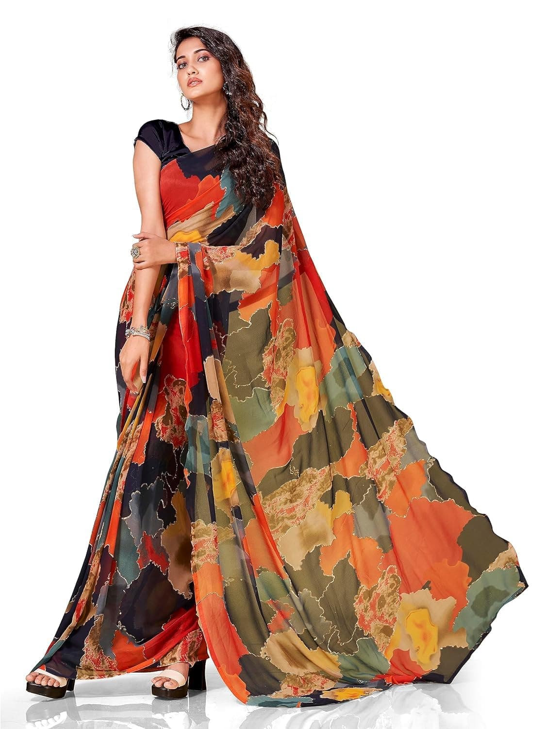 Womanista Women's Plain Printed Poly Georgette Ready to Wear Saree