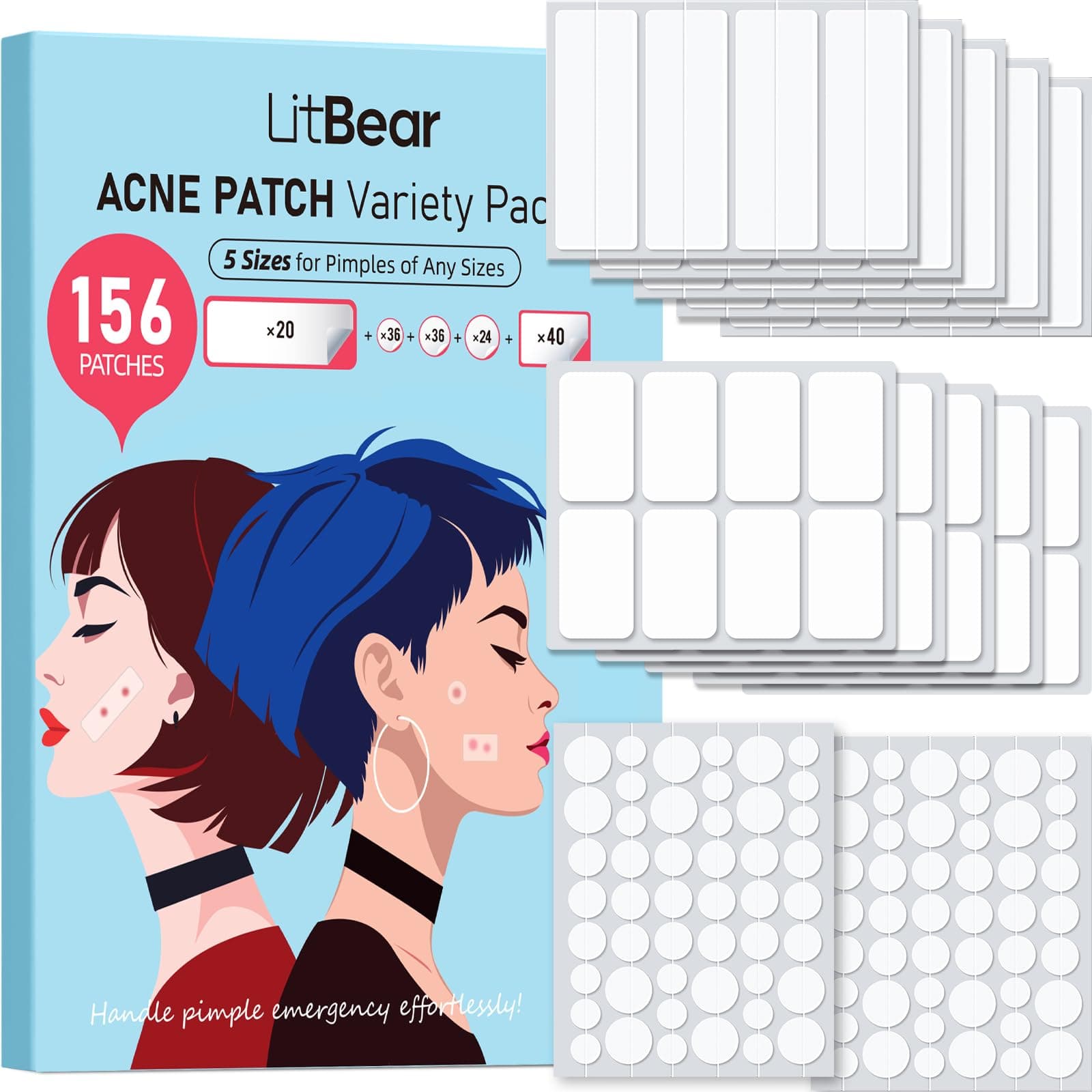Litbear Large Pimple Patches, 5 Sizes 156 Patches Big Acne 60 Xl Hydrocolloid Bandages For Full Face, Forehead, Chin, Nose, Body, Back, Neck & Chest, Stirp, Square Patch