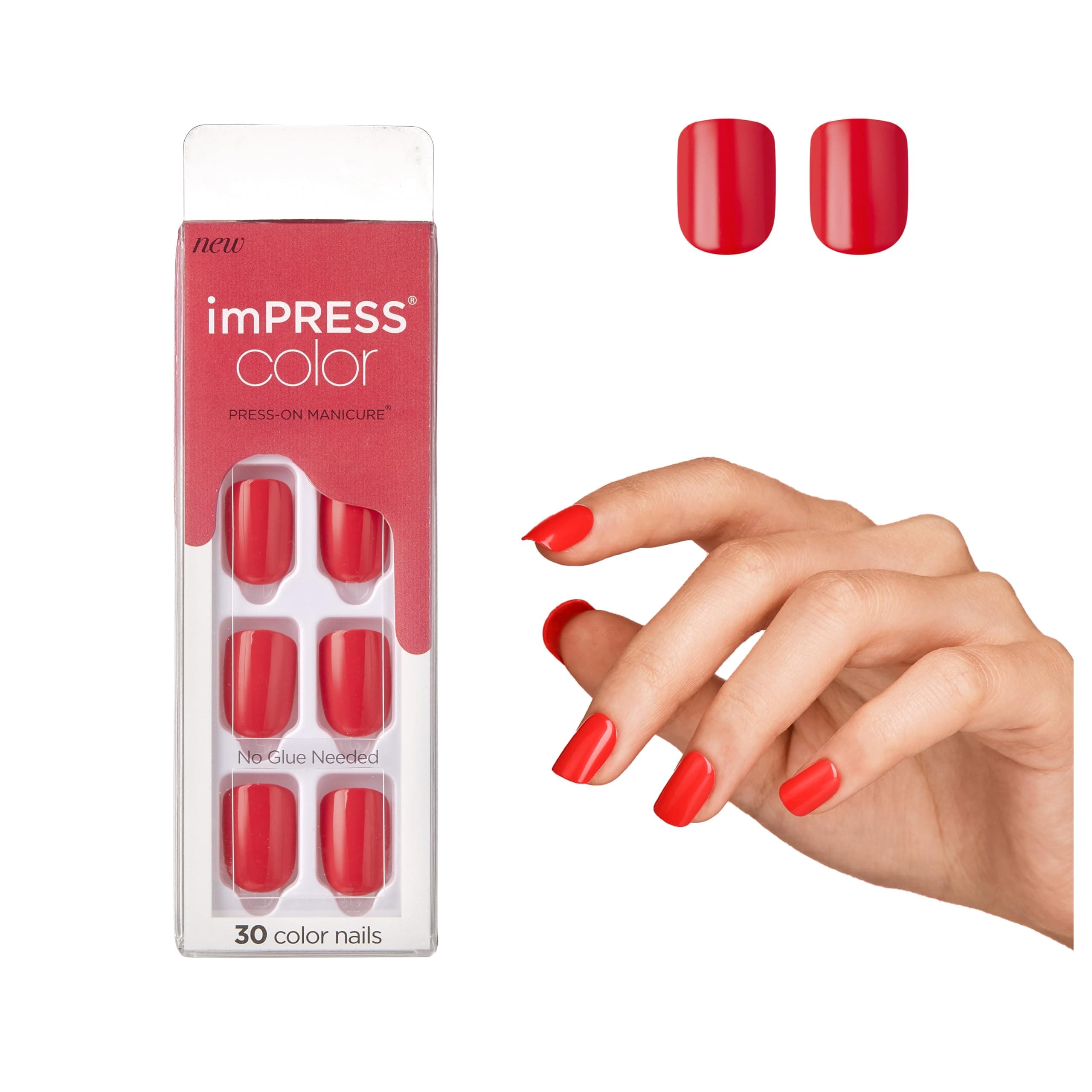 KISS imPRESS Color Press-On Manicure, Gel Nail Kit, PureFit Technology, Pre-Glued, “Corally Crazy”, Polish-Free Solid Colour Mani, Includes Prep Pad, Cuticle Stick, and 30 Fake Nails, red, coral