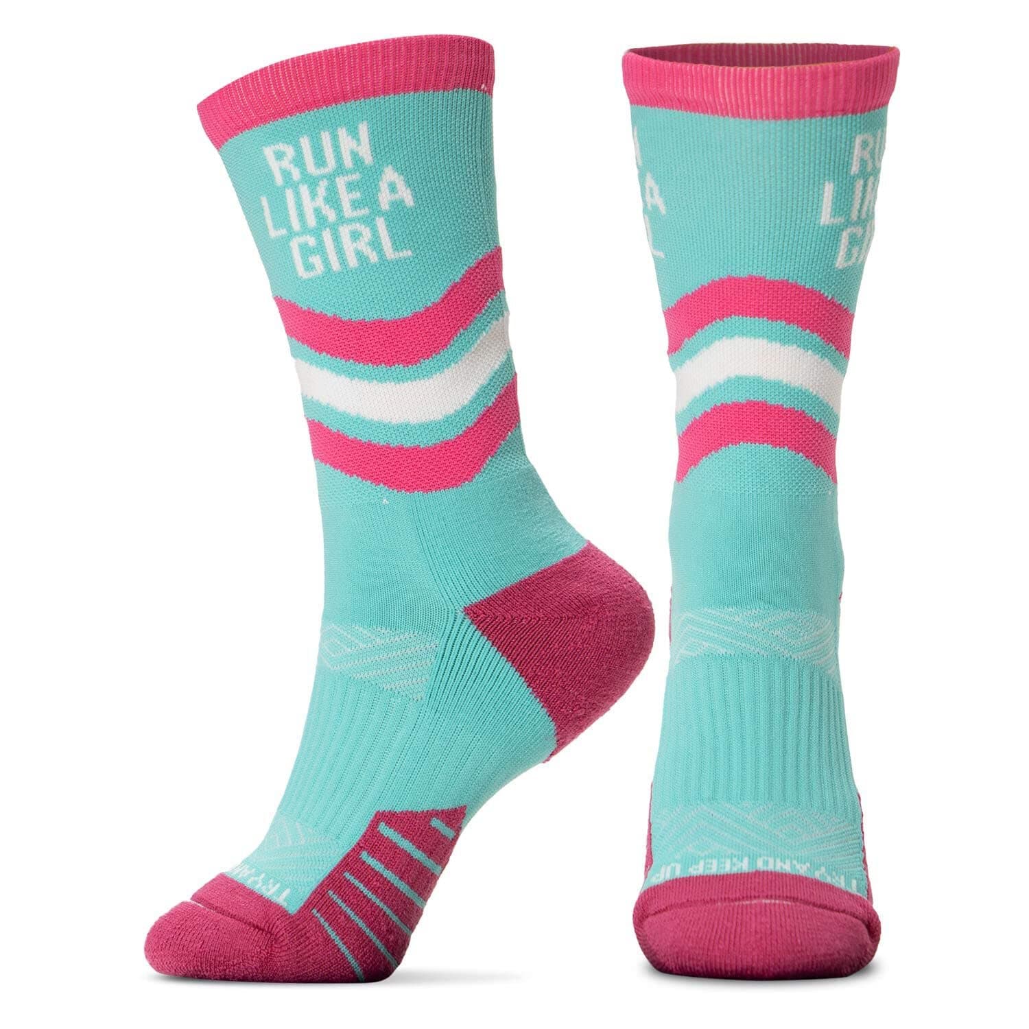 Gone For a Run Inspirational Athletic Running Socks | Mid-Calf | Multiple Designs, Run Like a Girl (Turquoise), Women's Shoe Size 6-12/Men's Shoe Size 5-11