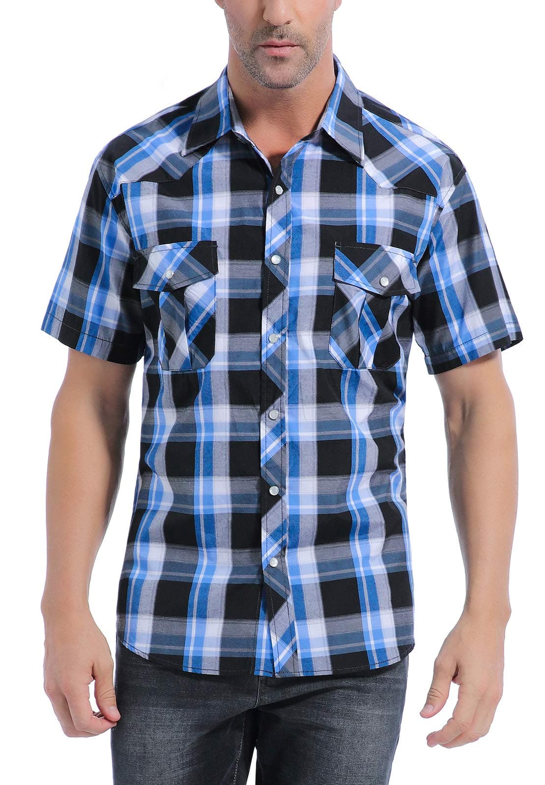 COEVALS CLUBMen's Western Cowboy Short Sleeve Pearl Snap Casual Plaid Work Shirts