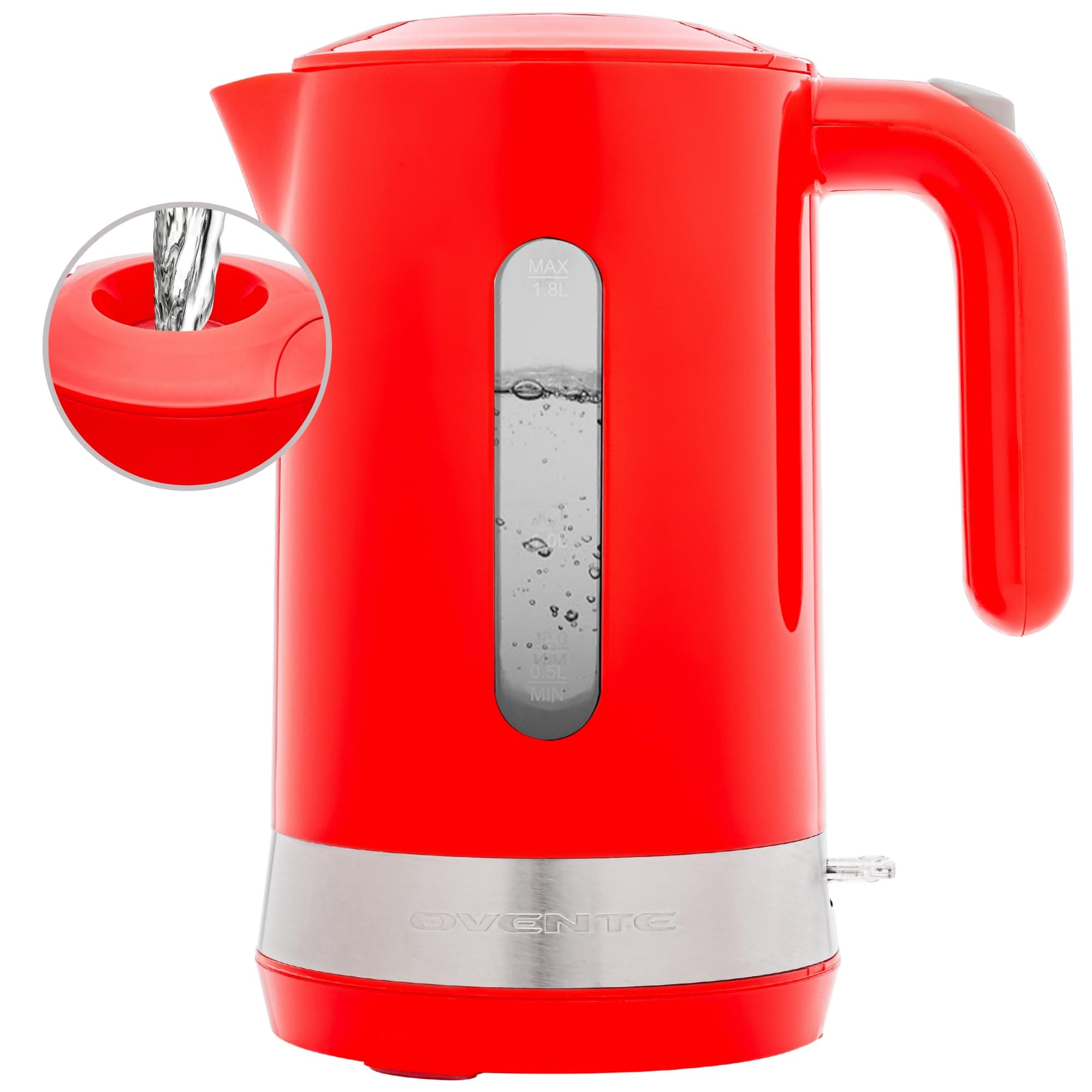 OVENTE 1.8L Electric Kettle, 1500W Fast Boiling Heater for Coffee or Tea, BPA Free, Easy to Fill Lid, Water Level Window, Auto Shut-Off, Boil-Dry Protection and Removable Filter, Red KP413R