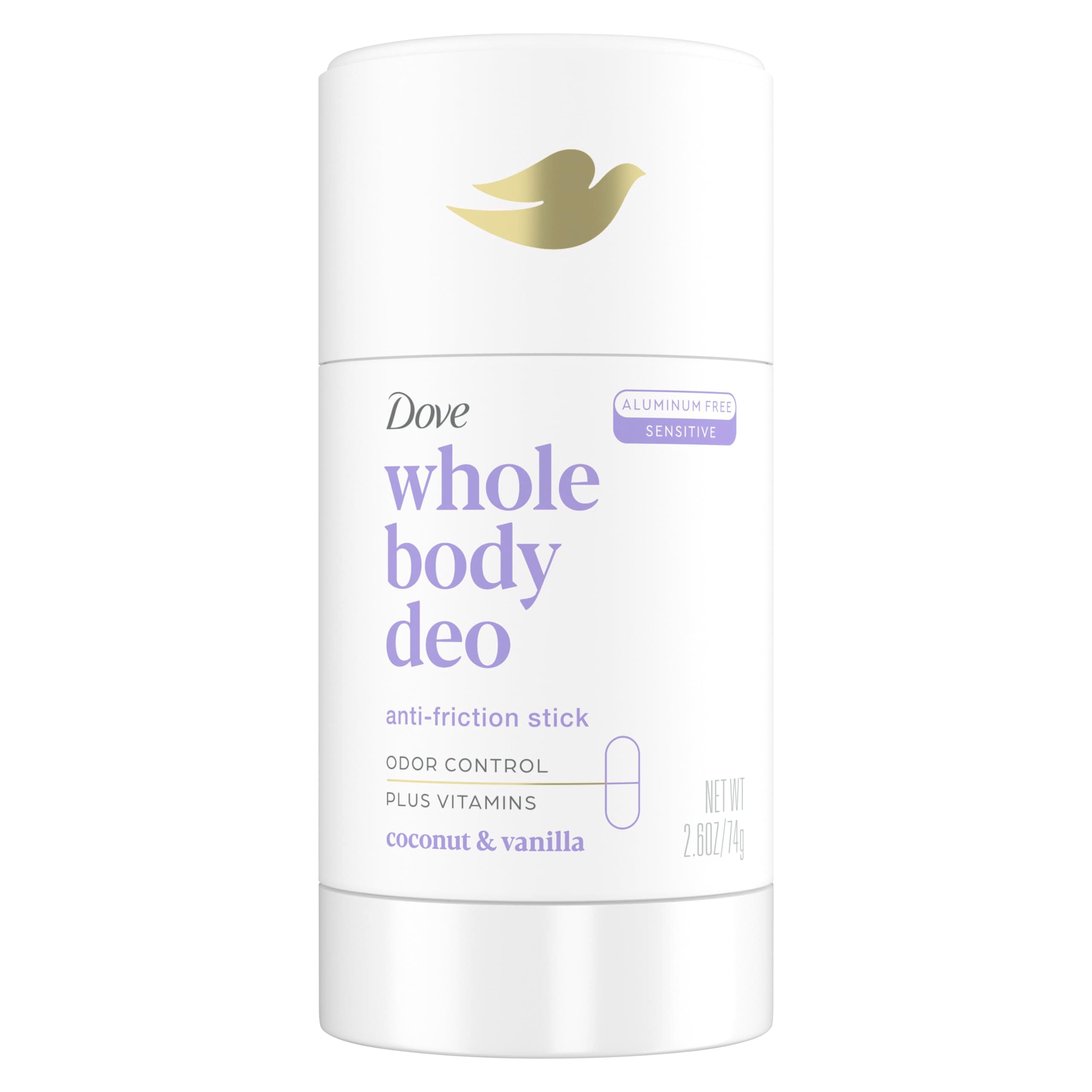 Whole Body Deo Aluminum Free Anti-Friction Deodorant Stick Coconut + Vanilla for All Day Odor Control 2.6 oz