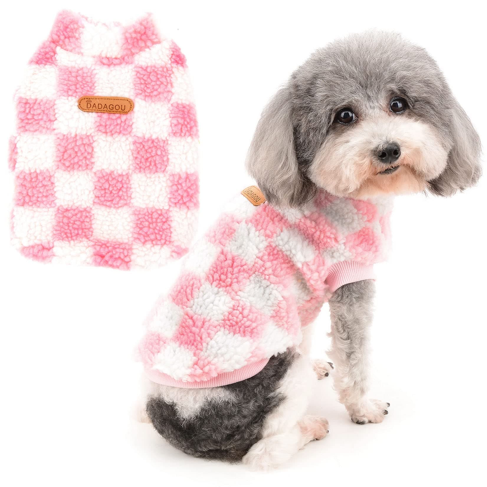 ZuneaFuzzy Dog Jumper for Small Dogs Warm Fleece Winter Jacket Coat Plaid Puppy Clothes Fluffy Pullover Sweater Coat Soft Pet Apparel for Dogs Girl Boy Chihuahua Yorkie Cat Pink S