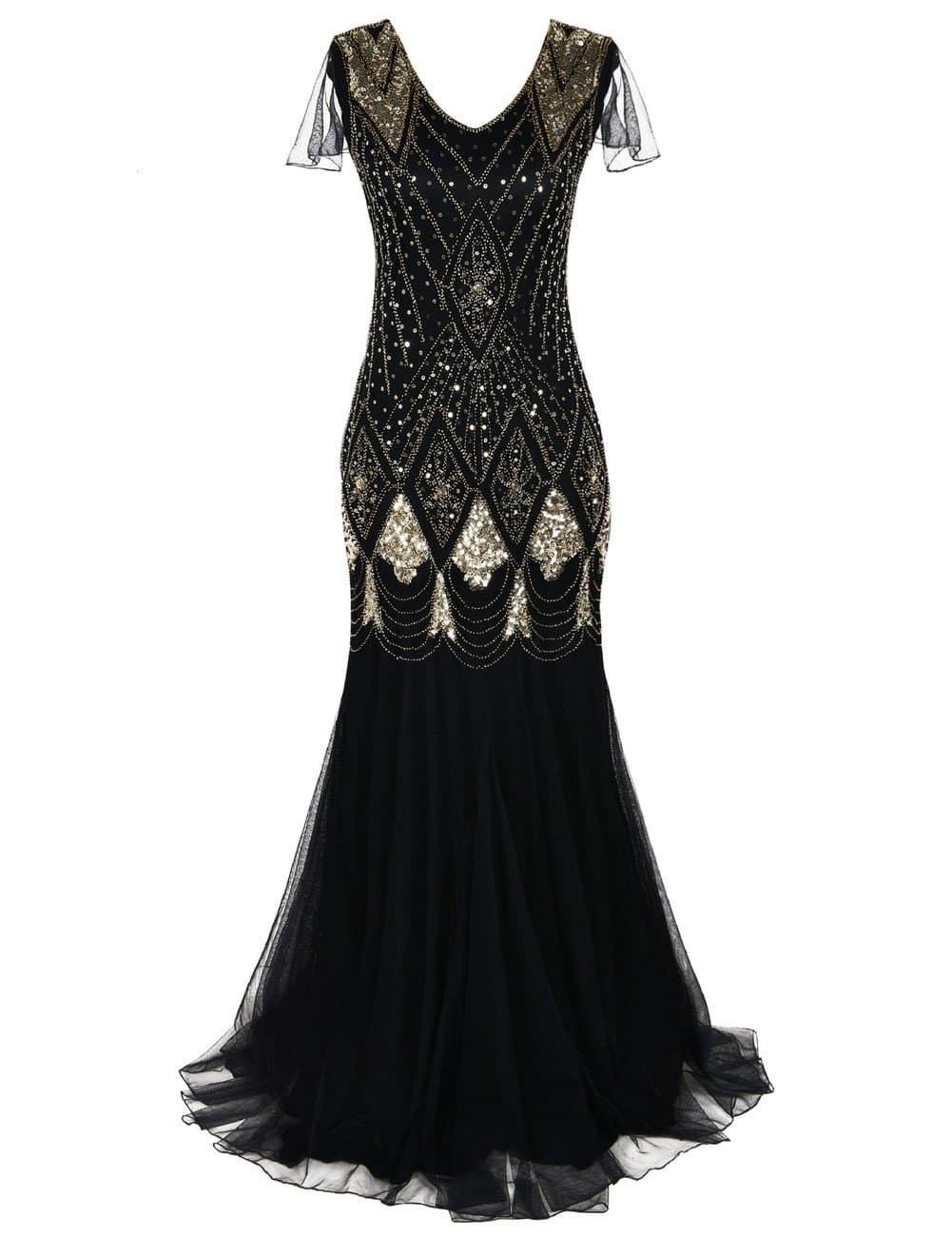 kayamiya Women 1920s Sequin Formal Evening Dress Art Deco Beaded Long Prom Gown with Sleeve