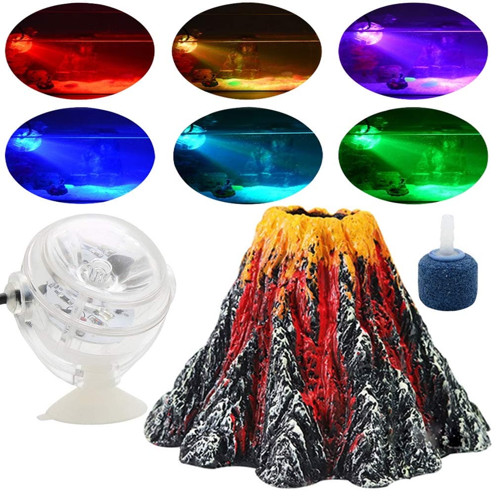 Ormeli Aquarium Volcano Ornament Kit Colorful LED Spotlight Air Bubbler Stone for Aquarium Fish Tank Decorations (Air Oxygen Pump and Tube is NOT Included)
