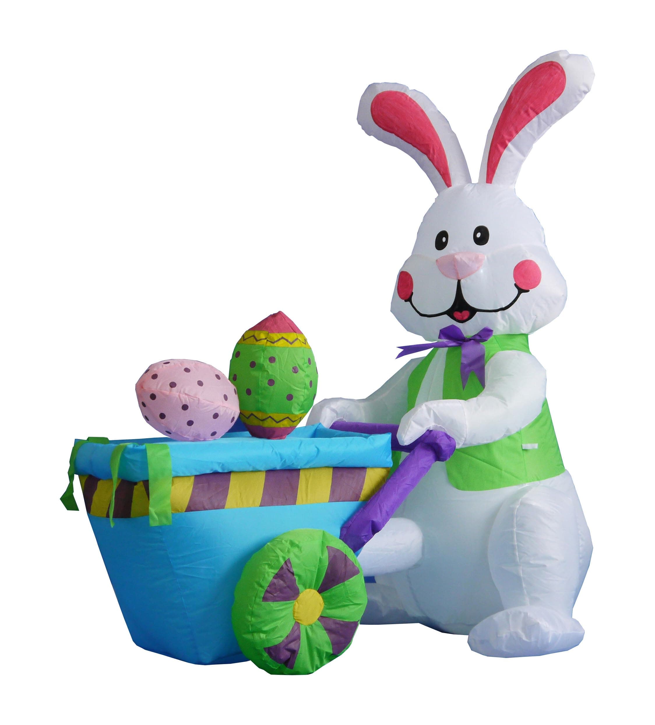 4 Foot Tall Easter Inflatable Happy Bunny Rabbit Pushing Cart with Two Eggs Pre-Lit LED Lights Outdoor Indoor Holiday Blow up Lighted Yard Lawn Home Family Outside Decor Party Decoration