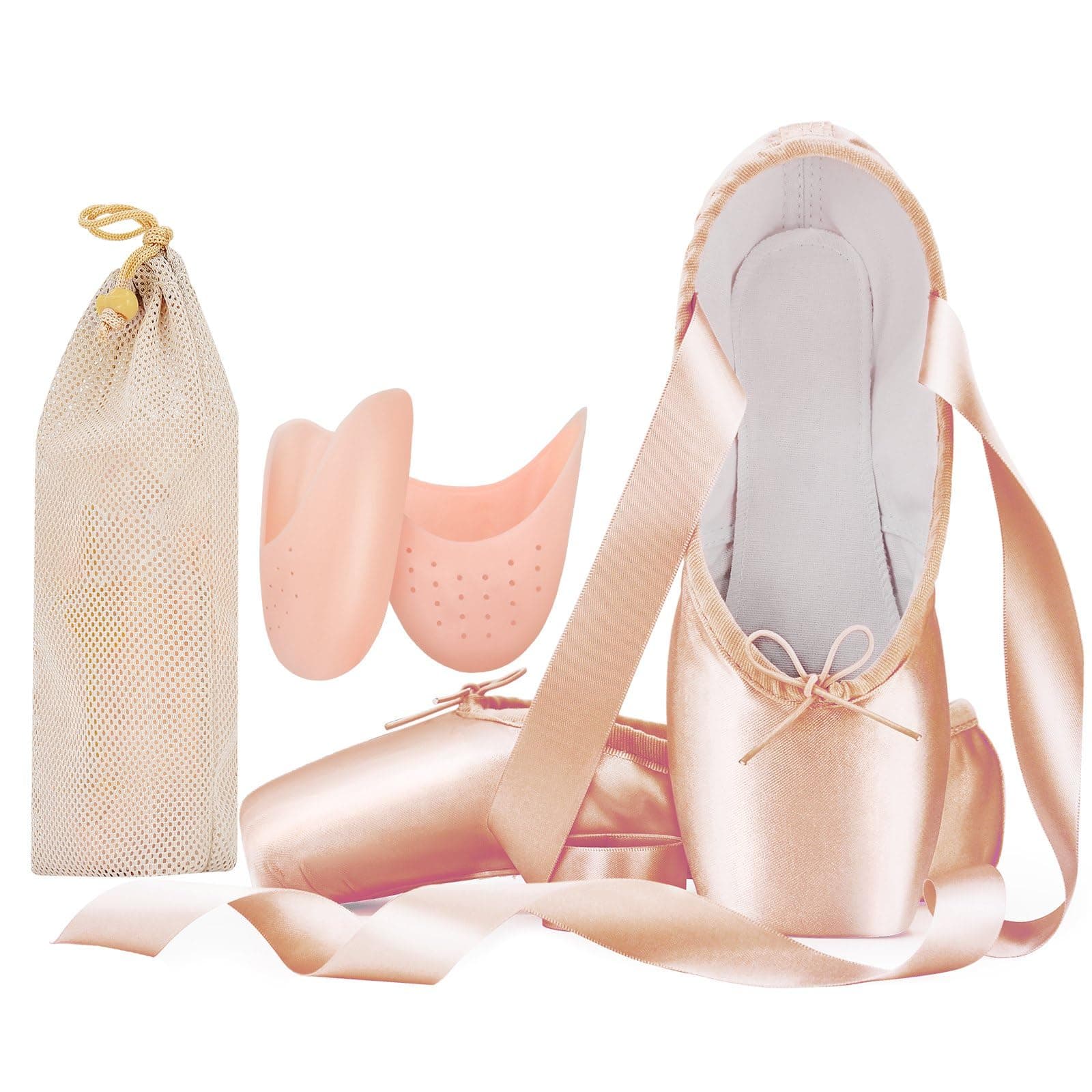 Adult Ballet Pointe Shoes for Girls Women with Toe Pads and Mesh Bag, Pink, 7