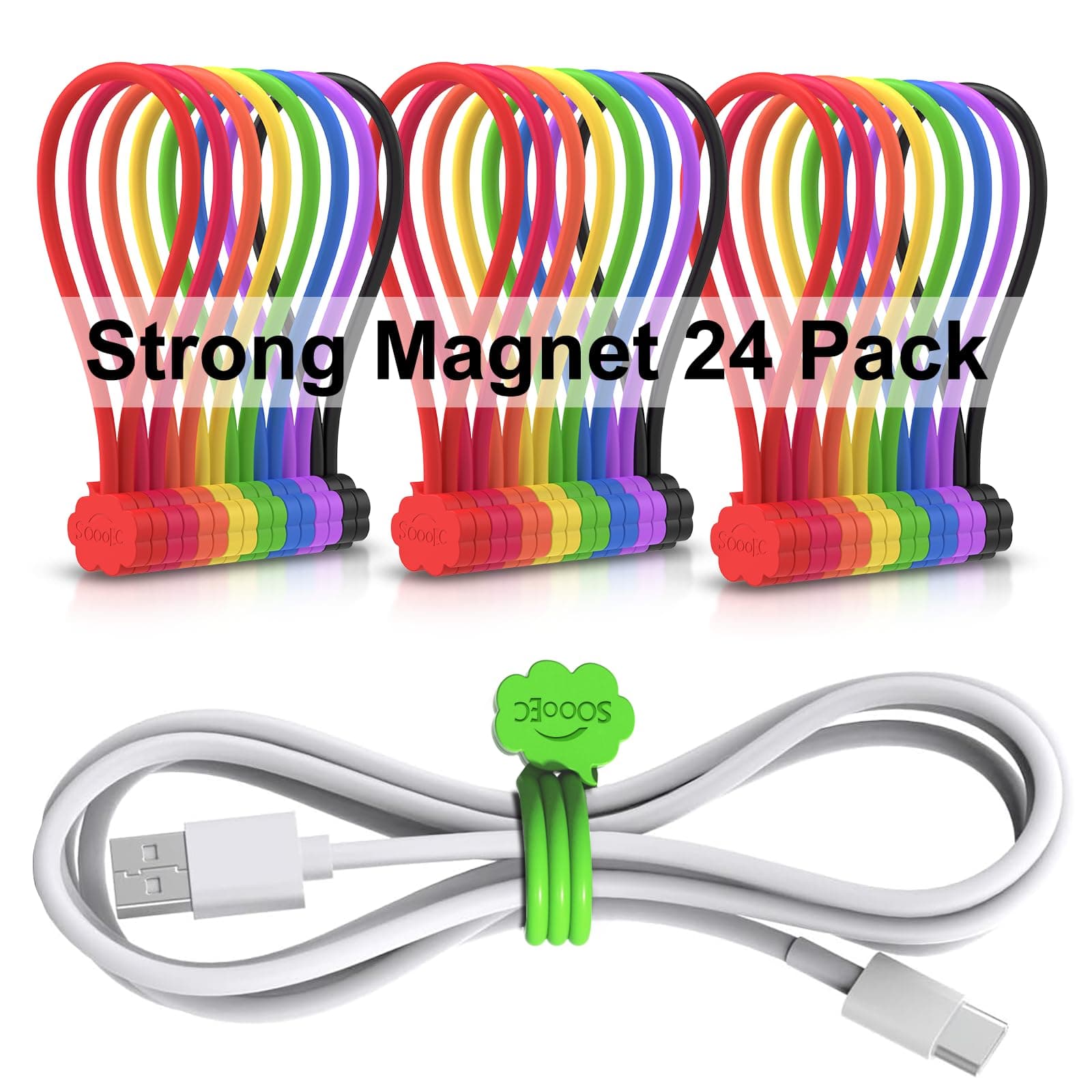 SOOOEC Magnetic Cable Ties, 24 Pack 7.2" Strong Snap on Magnetic Twist Ties Cute Cloud Dialogue Design, Silicone Twist Tie with Magnet Reusable 8 Assorted Colors X3