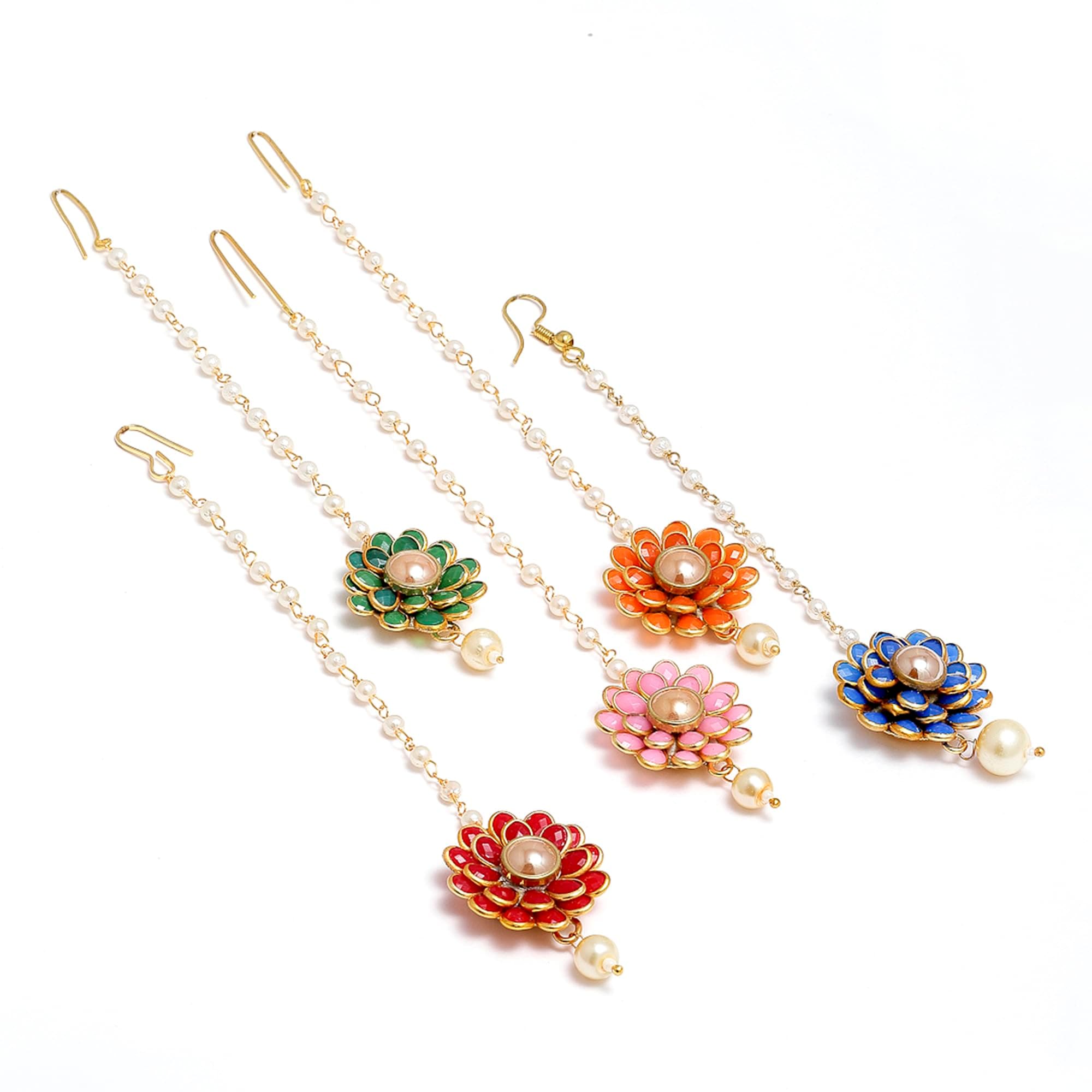 Gold-Plated Pink-Green-Orange-Red-Blue AD with Pearls studded Flower Shaped MaangTikka (Combo Of 5) (Style_01)