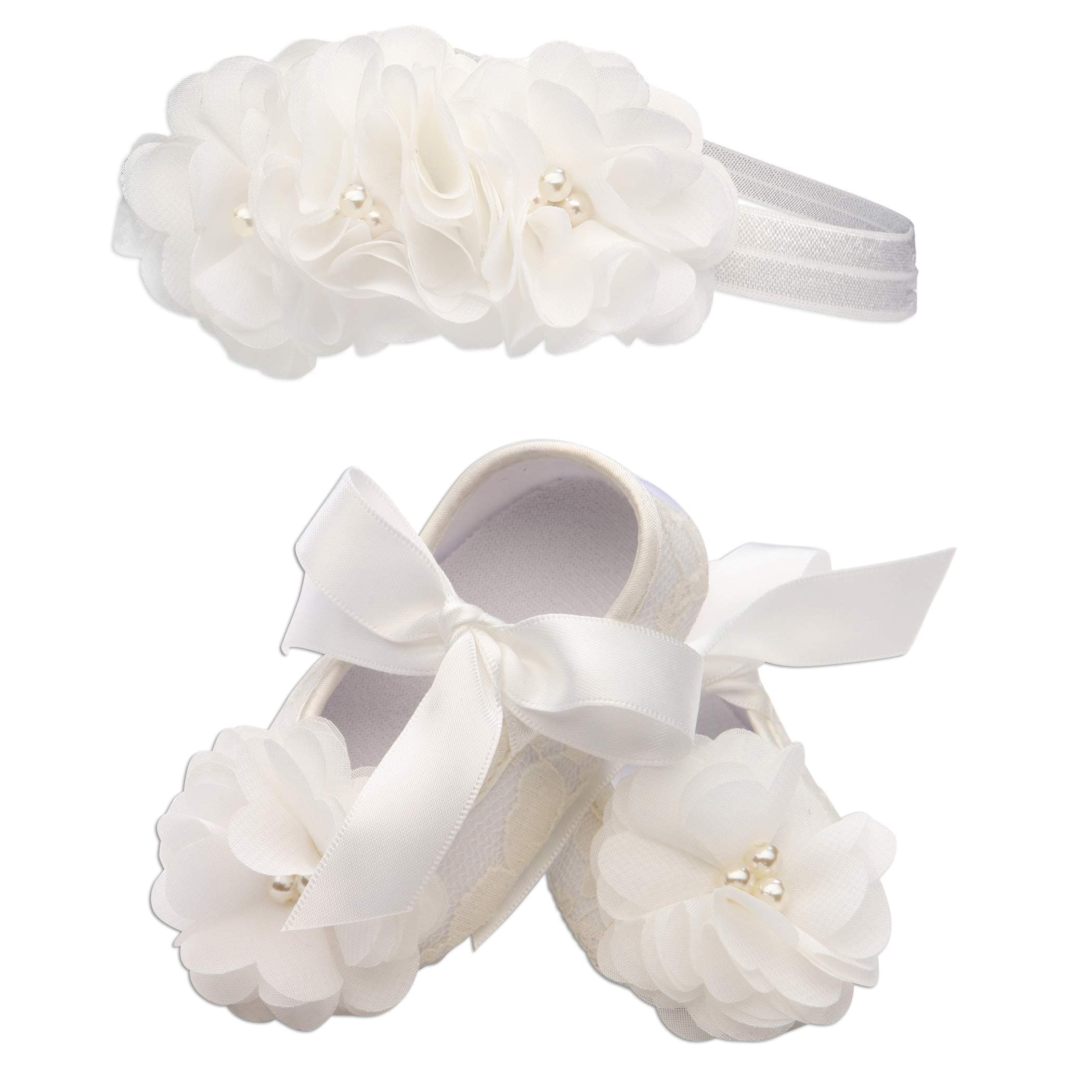 "Petals" Light Ivory Lace Baptism Christening Shoe with Flower and Headband Set for Baby Girl (Size 0)