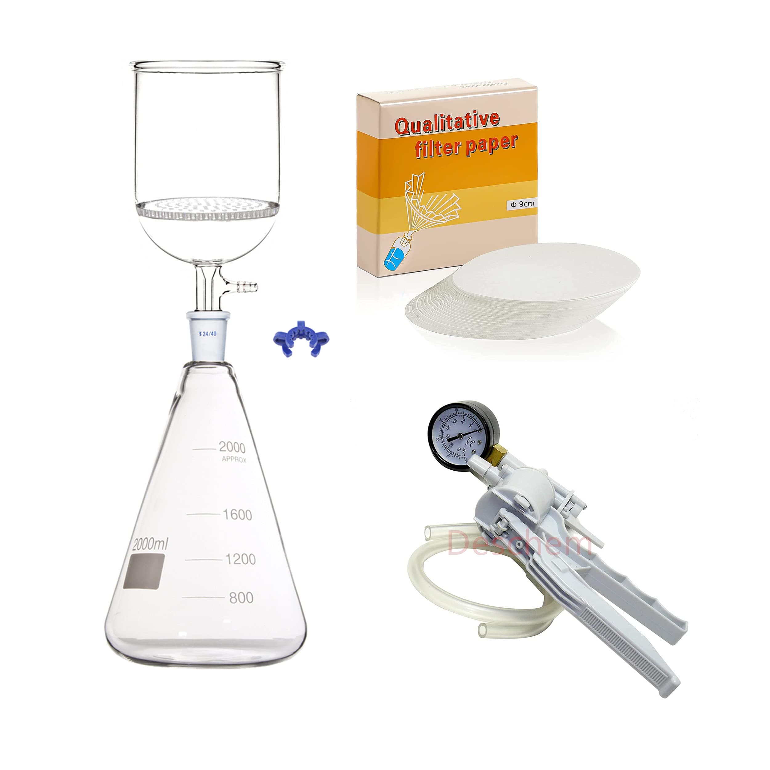 Deschem 2000ml,Suction Filtration Unit,90mm Buchner Funnel,2 Litre Flask & Vacuum Pump Kit