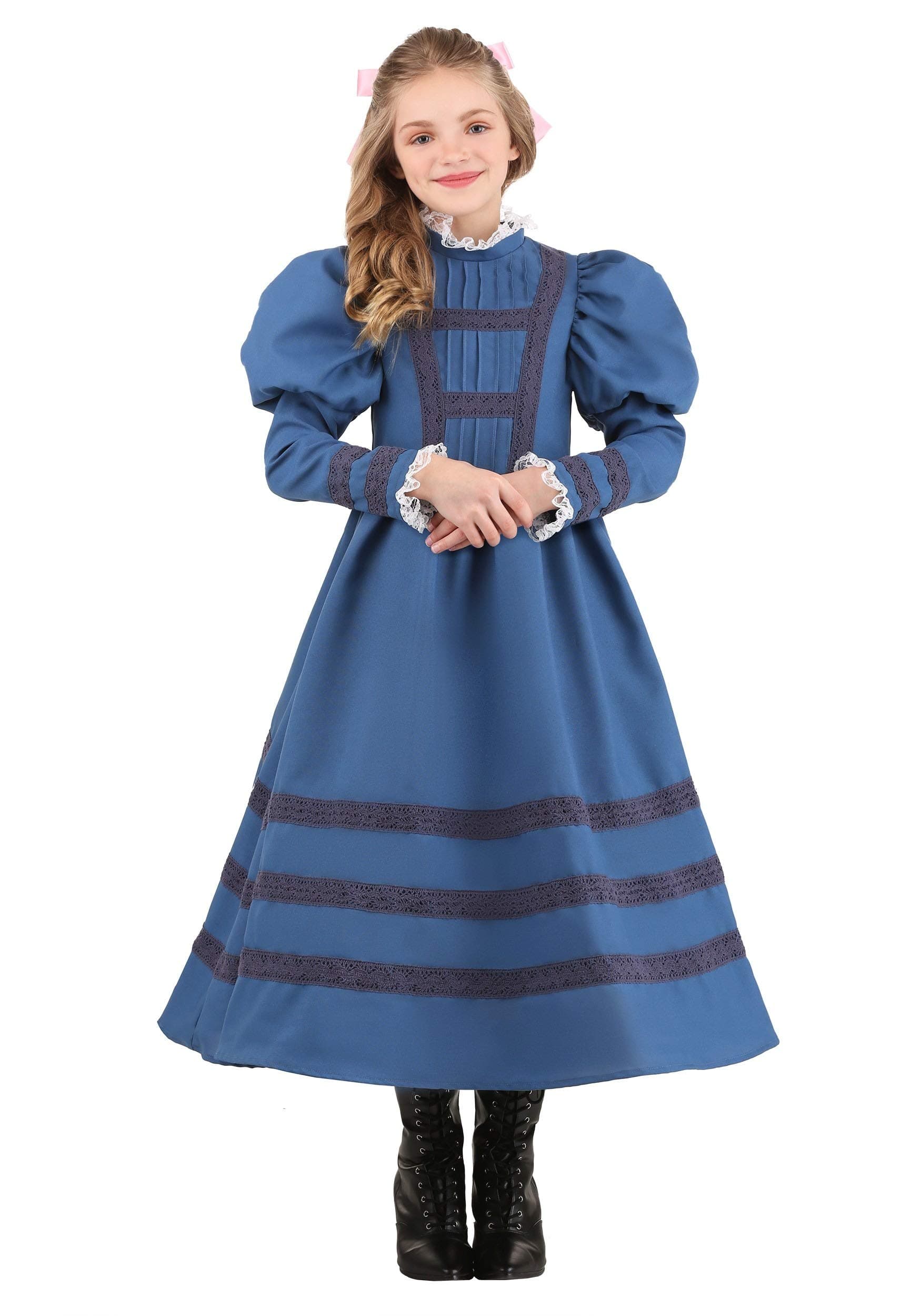 Girls Historical Helen Keller Costume Dress with Lace Accents and Bow Clip for Kids Educational Role Play