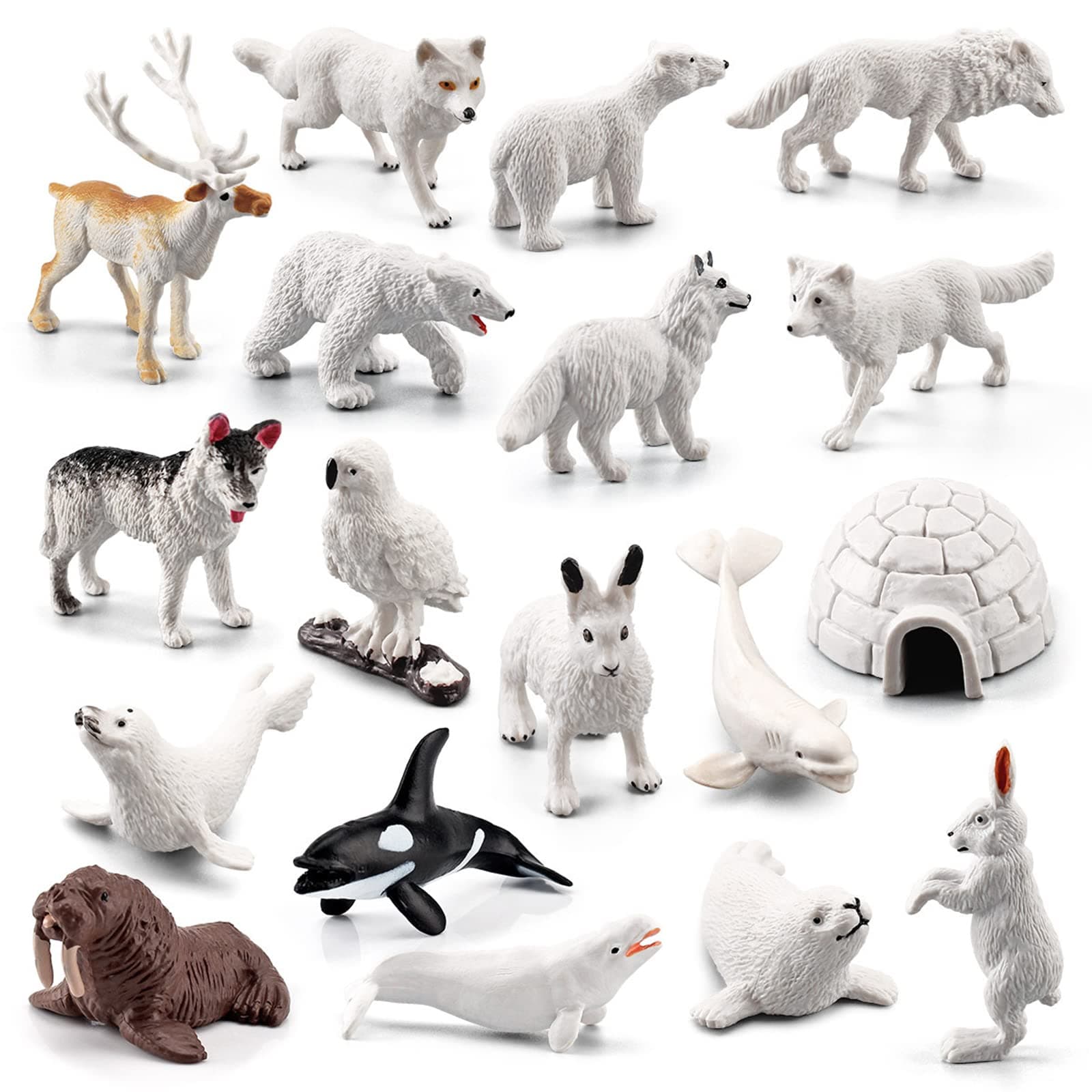 EOIVSH 18PCS Arctic Animal Figures, Realistic Polar Animal Toys Figurines for Kids Toddlers, Plastic Ocean Sea Creatures Figures with Arctic Fox Wolf Snowy Owl Polar Bear Reindeer Bluga Whale