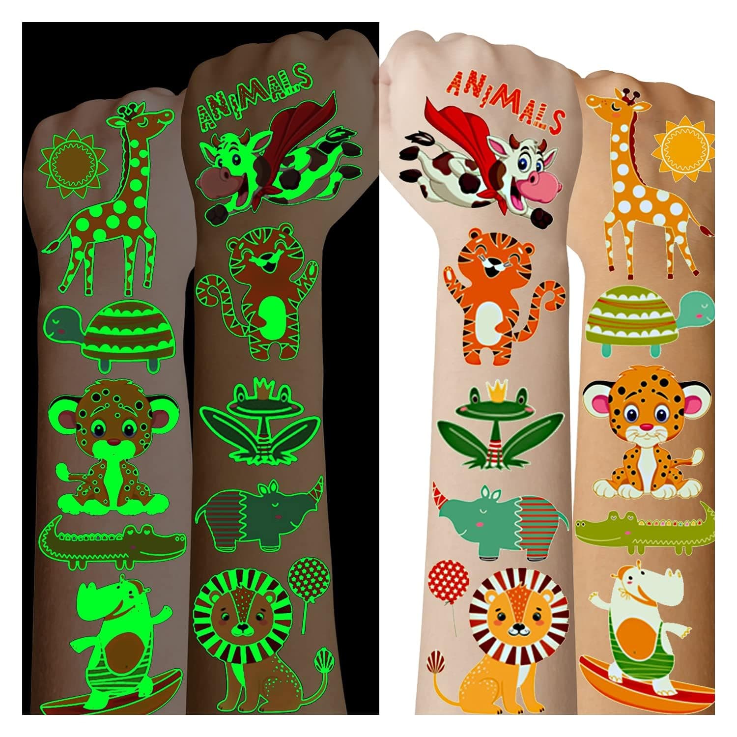 Cerlaza 136 Styles Luminous Animals Temporary Tattoos for Kids, Jungle Theme Party Supplies Favors for Boys and Girls, Safari Zoo Wild One Birthday Decorations Toddlers Tatoo-10 Sheets