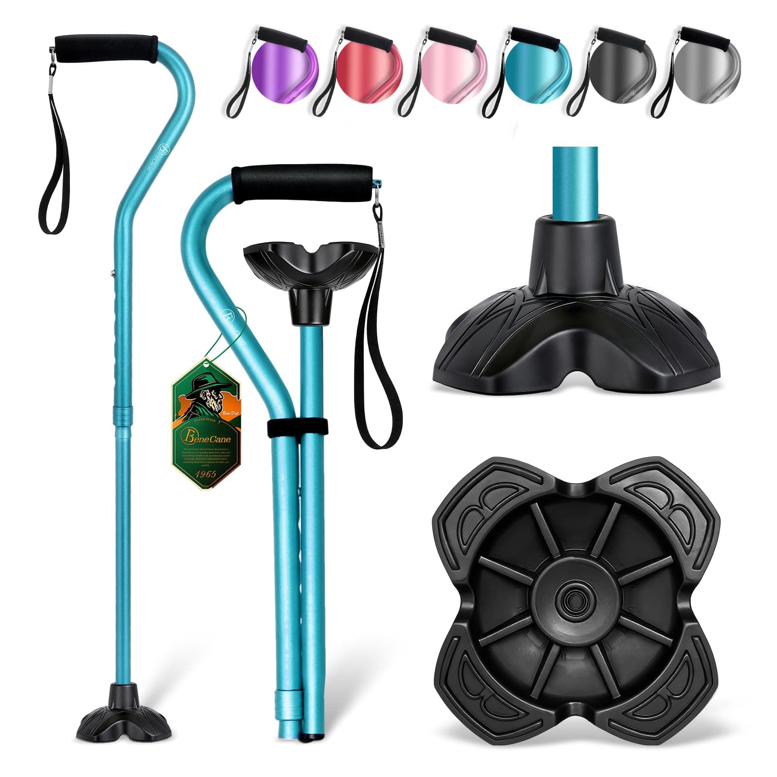 Walking Cane Adjustable Cane with Offset Soft Cushioned Handle for Men & Women Lightweight Comfortable Extra Stability Base Mobility Aid for Men Women and Seniors