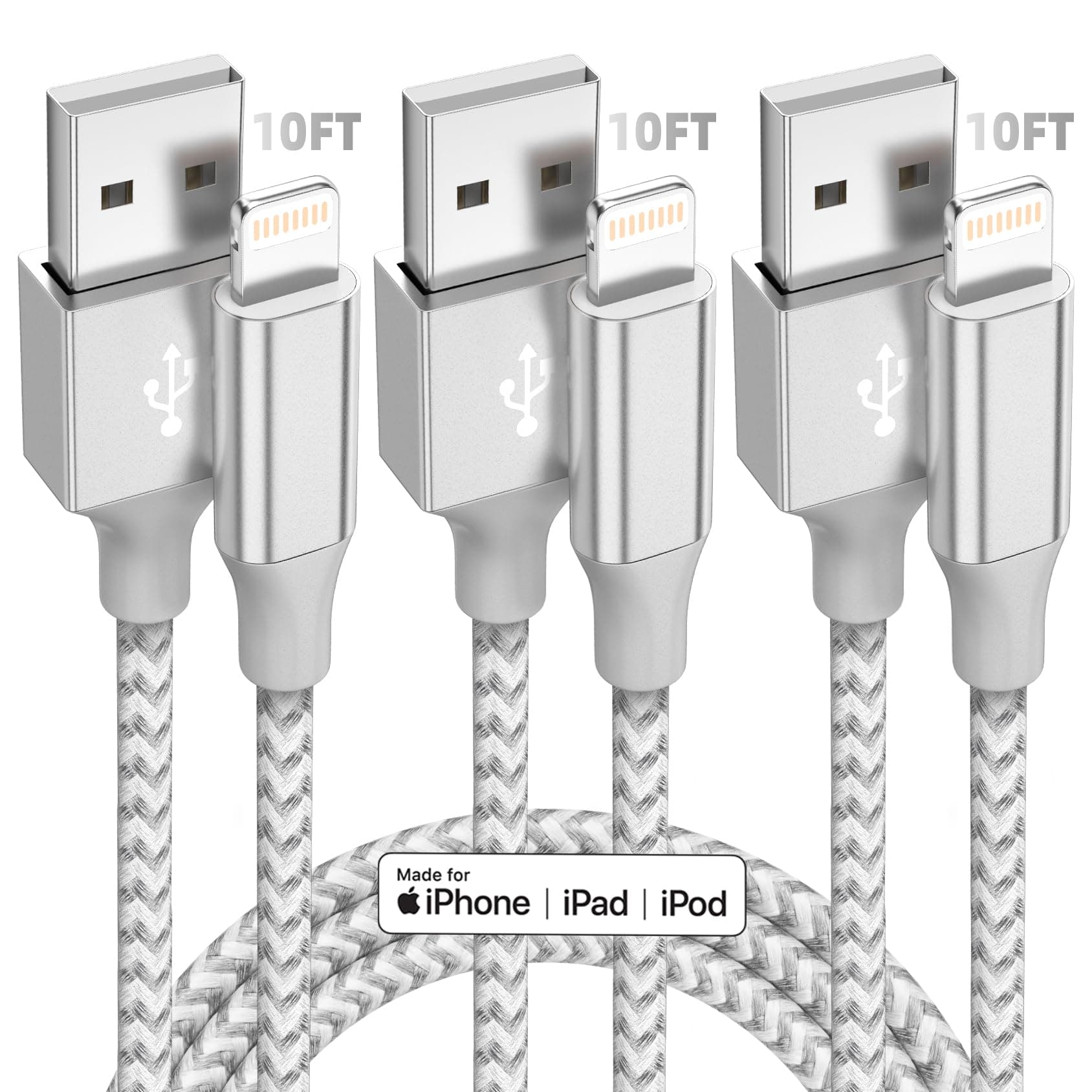 iPhone Charger [Apple MFi Certified] 3pack 10FT Long Lightning Cable Fast Charging High Speed Data Sync USB Cable Compatible iPhone 13/12/11 Pro Max/XS MAX/XR/XS/X/8/7/Plus/6S (Grey White)ClimatePartner certified