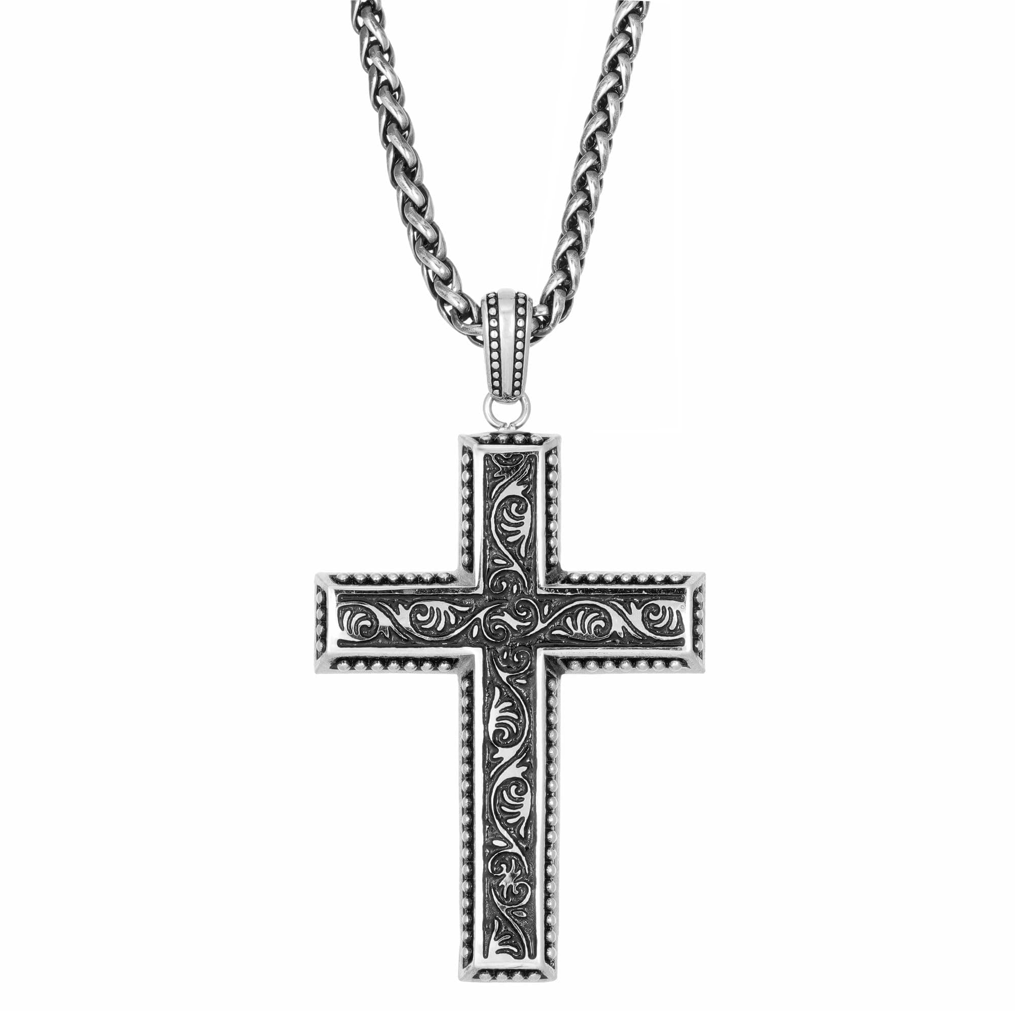 Mens Stainless Steel Antique Finish Cross On 24" Wheat Chain