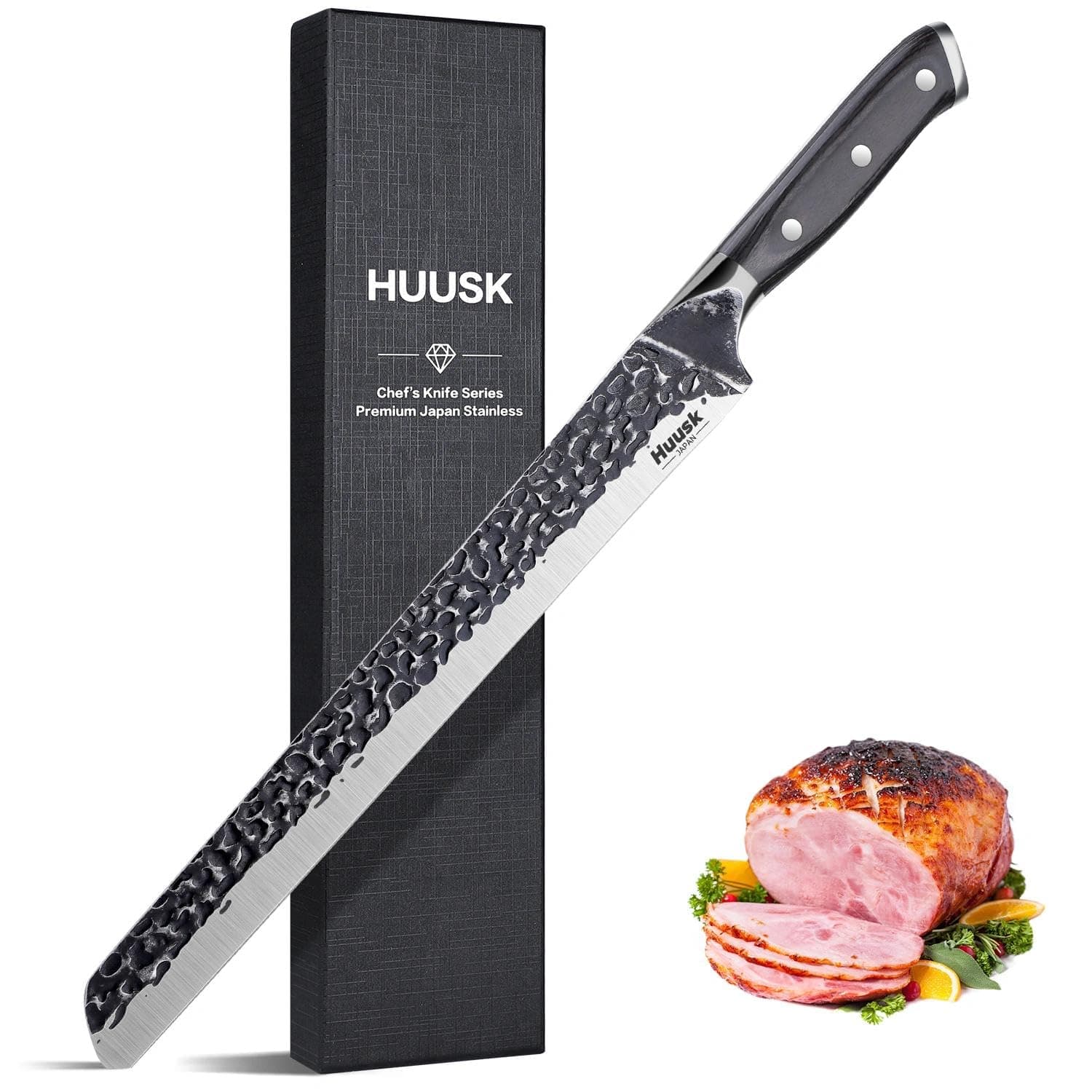Huusk Japan 11.5 Inch Hand Forged Slicing Knife for Meats, Ribs, Roasts - Brisket Carving Knife for BBQ and Christmas Gifts