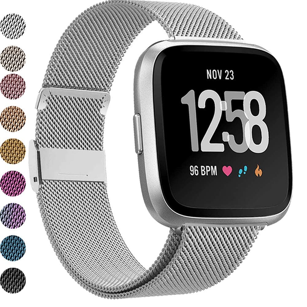 MEFEO Compatible with Fitbit Versa Bands, Stainless Steel Metal Band Mesh Bracelet with Strong Magnet Lock Wristbands Replacement for Fitbit Versa/Versa 2/Versa Lite/SE (Silver, Small)