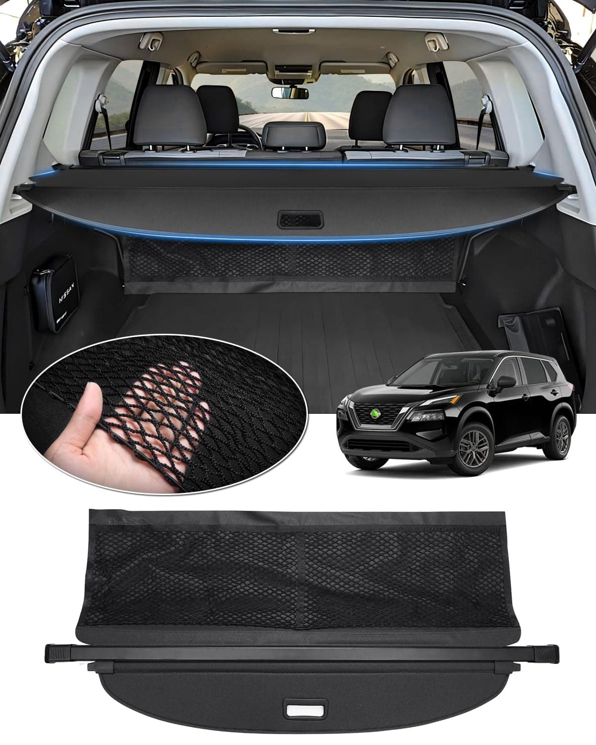 Cargo Cover for Nissan Rogue S SV SL Platinum 2026 2025-2021 Accessories, Trunk Cover with Extra Storage Net, Retractable Security Shield Shade Upgraded Version (Not for Rogue Sport/Select)