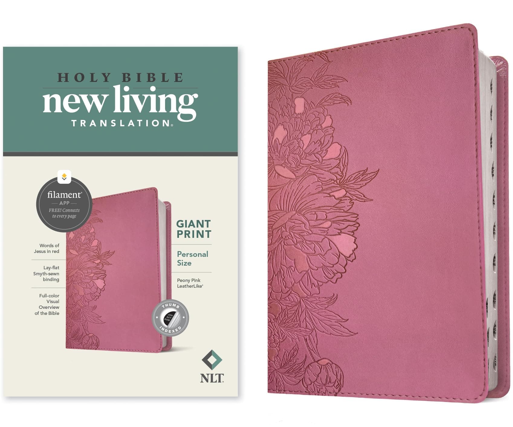 NLT Personal Size Giant Print Bible, Filament-Enabled Edition (LeatherLike, Peony Pink, Indexed, Red Letter)