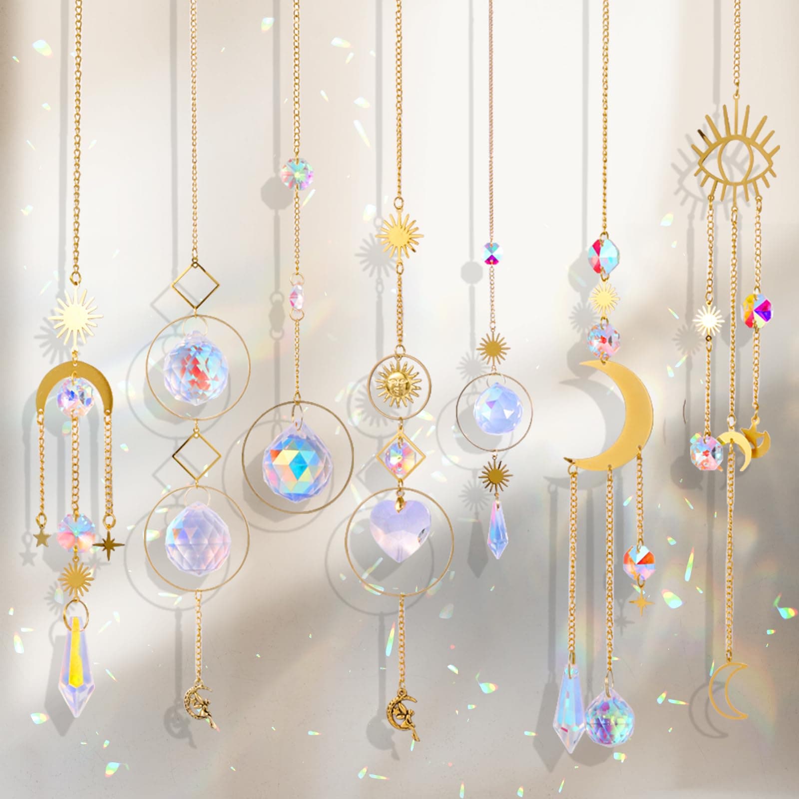 7Pack Crystal Suncatchers, Gold Moon Star Sun Catcher Hanging Pendant Ornament Colorful Crystal Glass Ball for Window Bedroom Home Garden
