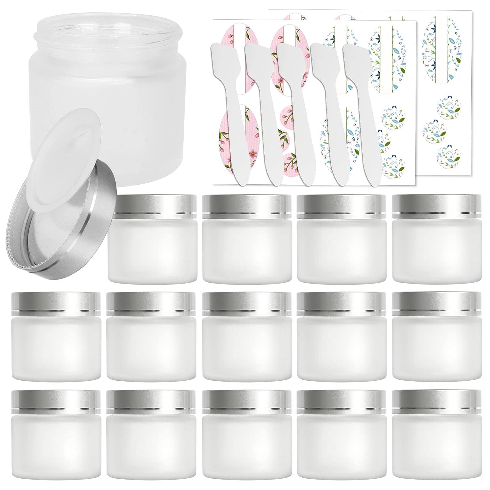 15 Pack, 2 oz 60ml Frosted Glass Jars with Silver Lids & Inner Liners, Empty Matte Clear Round Refillable Cosmetic Containers Travel Jars for Cosmetics,Body Butter,Scrubs,Face Cream Lotion and More
