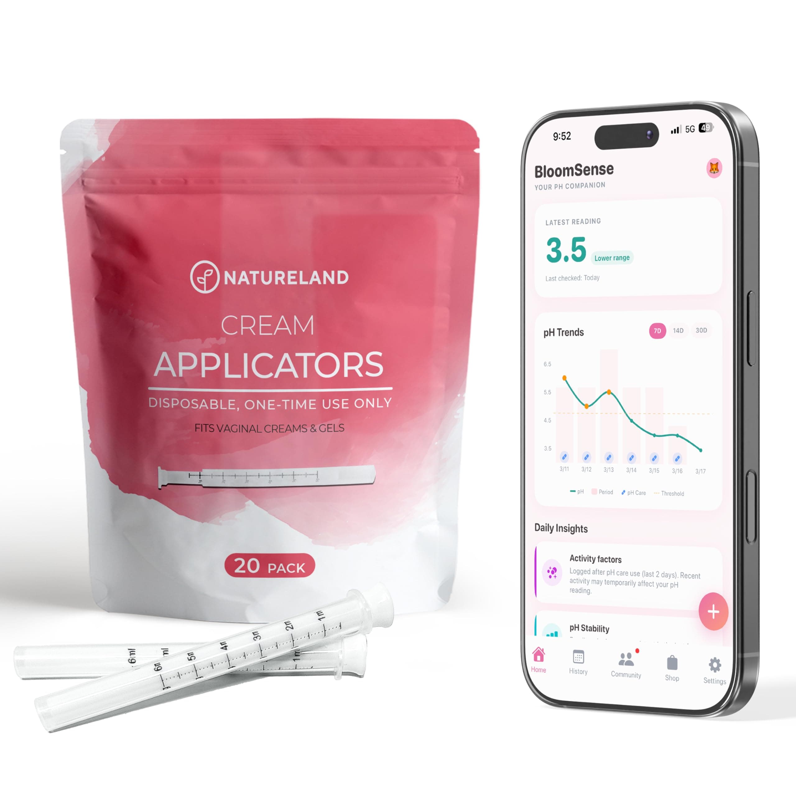 NATURELAND Vaginal Cream Applicators for Women - Smooth Comfort Tip - Dosage Markings - Individually Wrapped Disposable - Intimate Wellness - with BloomSense App (20 Pack)