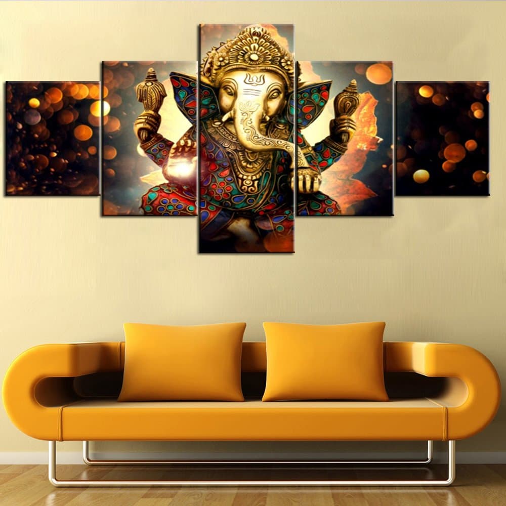 5 PCS Ganesha Hindu God Canvas Pictures Artwork Home Decor Painting Modern Posters and Prints Framed Gallery-wrapped Ready to Hang(50''Wx24''H)