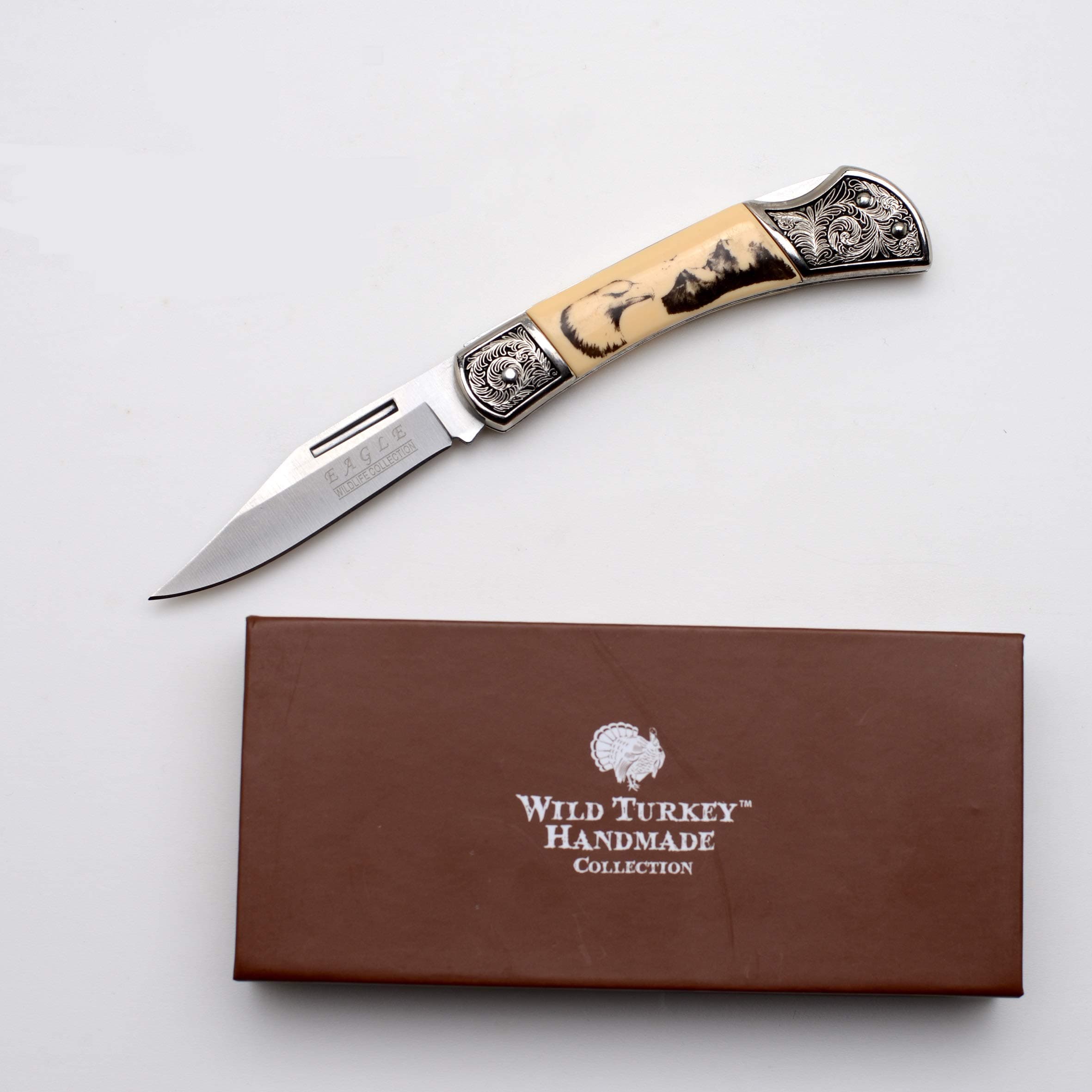 Wild Turkey Handmade Wildlife Collection Everyday Carry Lock Back Manual Folding Knife w/Display Box - Smooth One Hand Wildlife Handle Knife - Beautiful Limited Edition Collectors Item (Eagle)