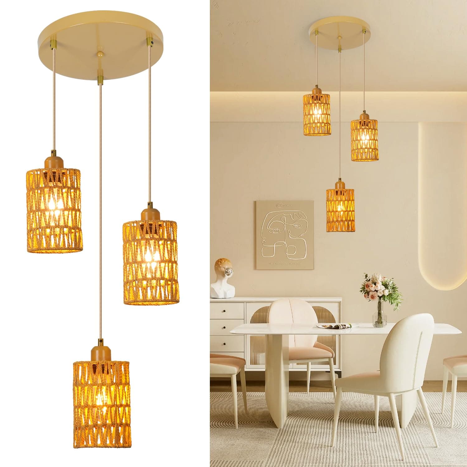 FORCOSO Pendant Light Dining Table Pendant Light Rattan 3 Flames Boho Lamp Rattan Hanging Ceiling Lamp Dining Table Lamp for Dining Room Kitchen Bedroom Living Room Hallway E27