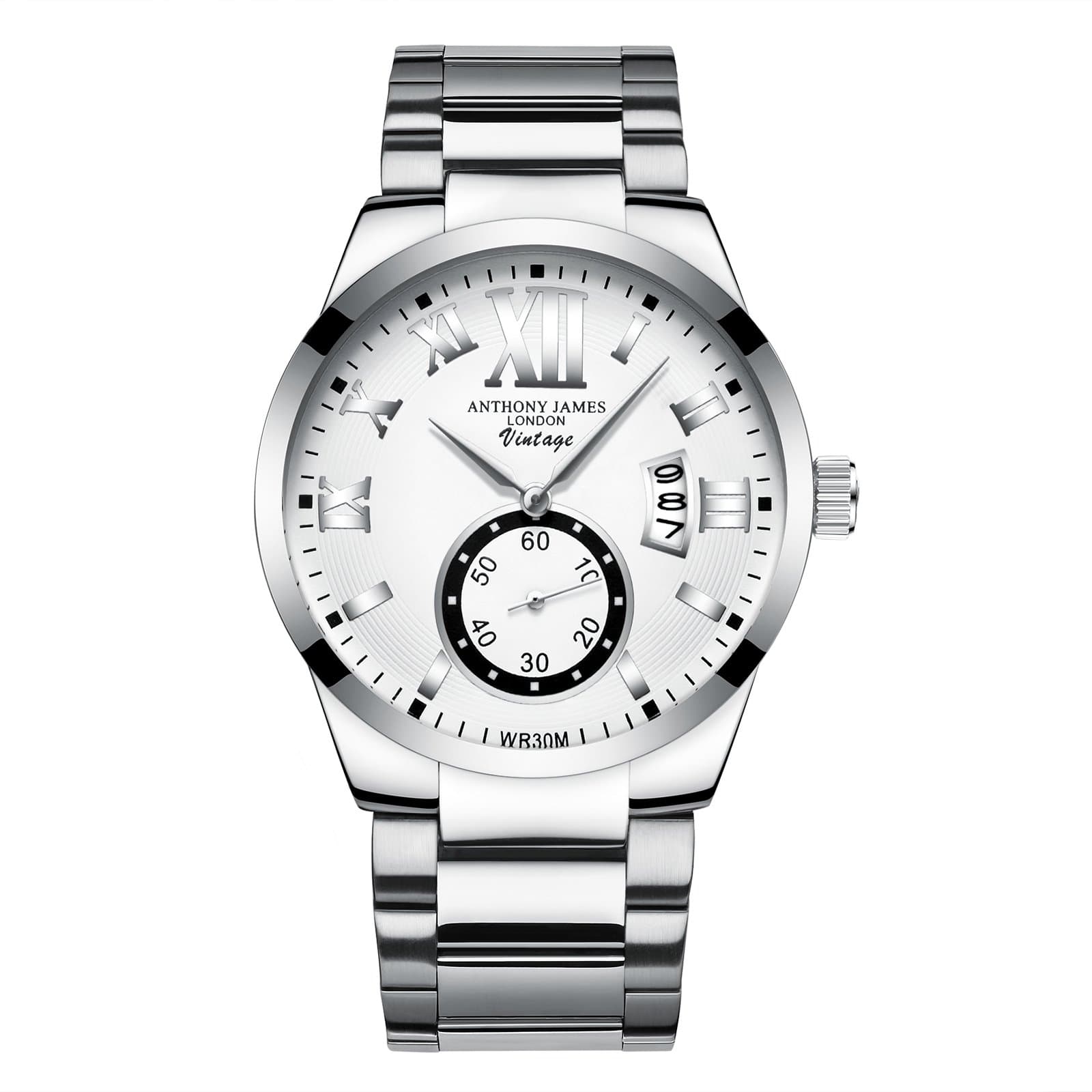 Version 3.0 ANTHONY JAMES London Vintage Men's Designer Casual Dress Wrist Watch for Men with White and Silver Dial, White Calendar and Stainless Steel Links Strap Sale, 90 Day Returns