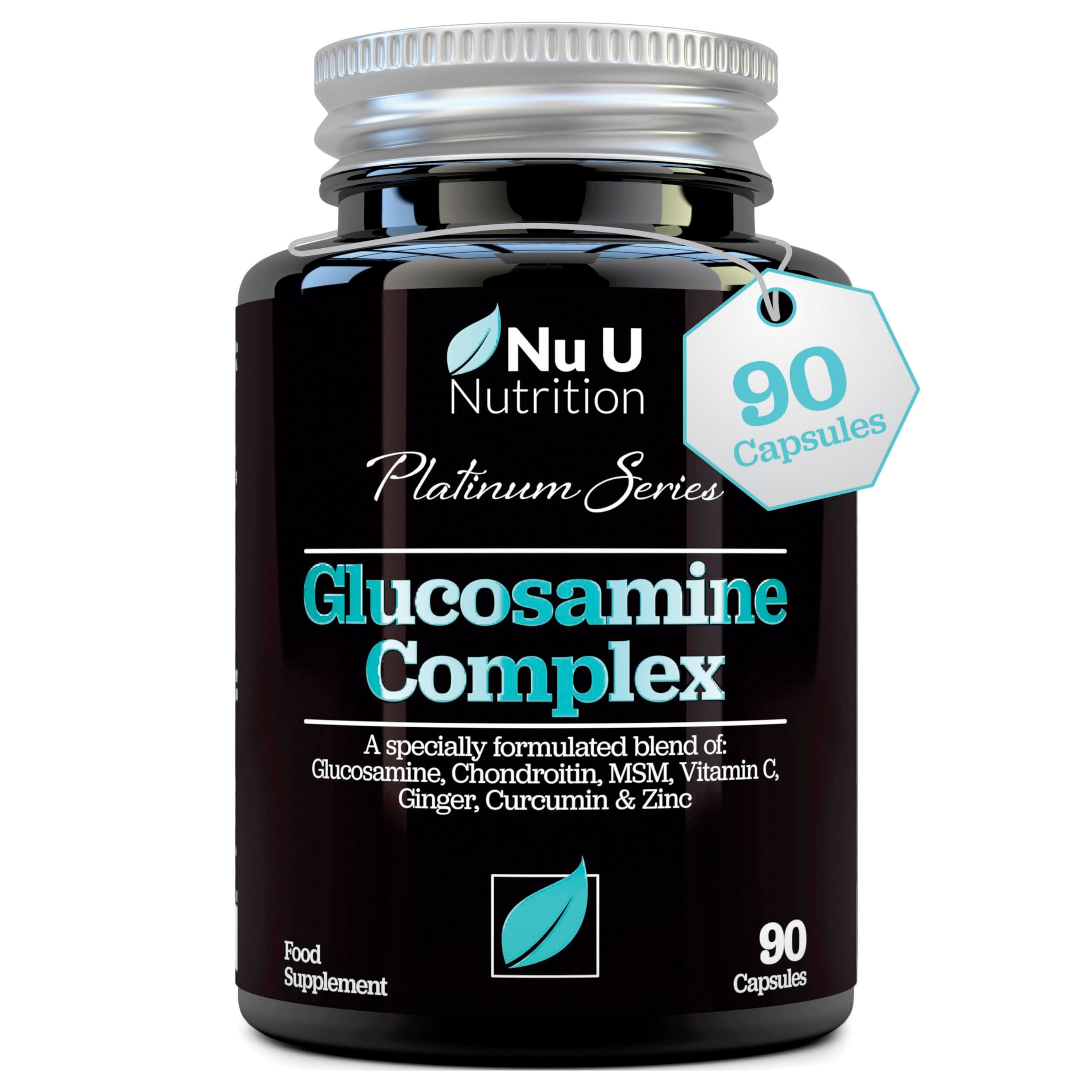 Glucosamine and Chondroitin High Strength Complex - 90 Glucosamine Sulphate Capsules - with Turmeric, MSM, Vitamin C, Zinc & Ginger - Joint Care Supplements for Men & Women - Nu U Nutrition