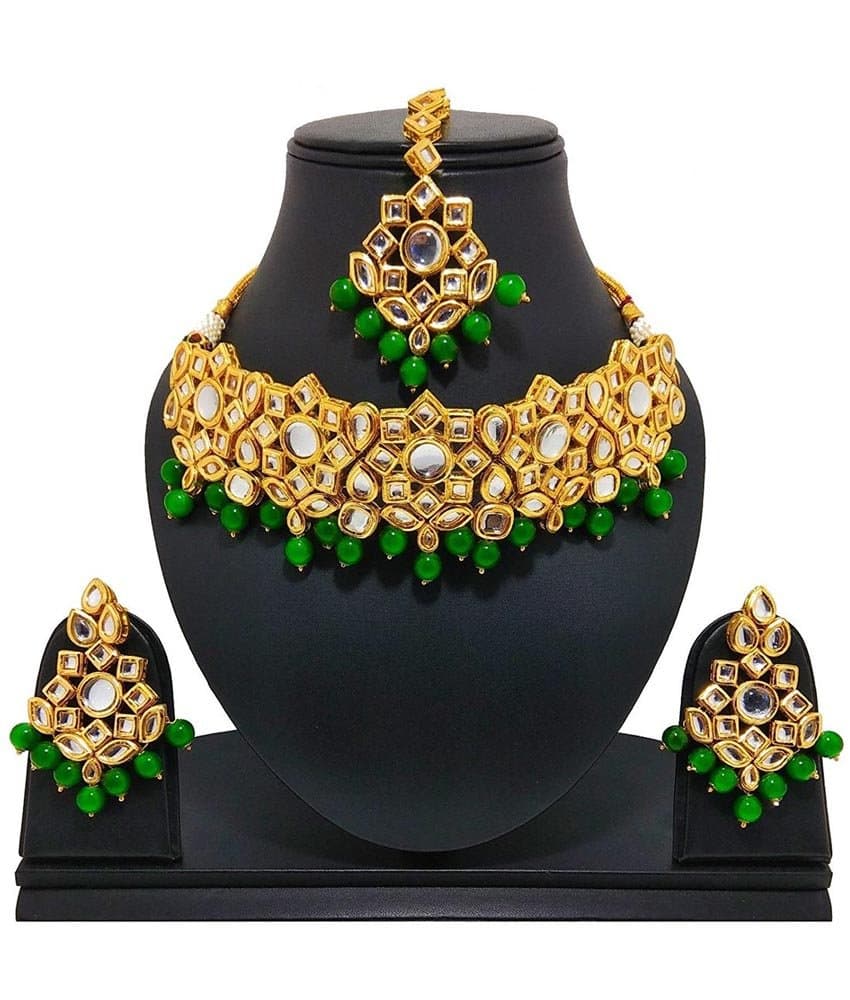 Finekraft Meena Kundan Bridal Wedding Designer Gold Plated Green Color Necklace Jewelry Set