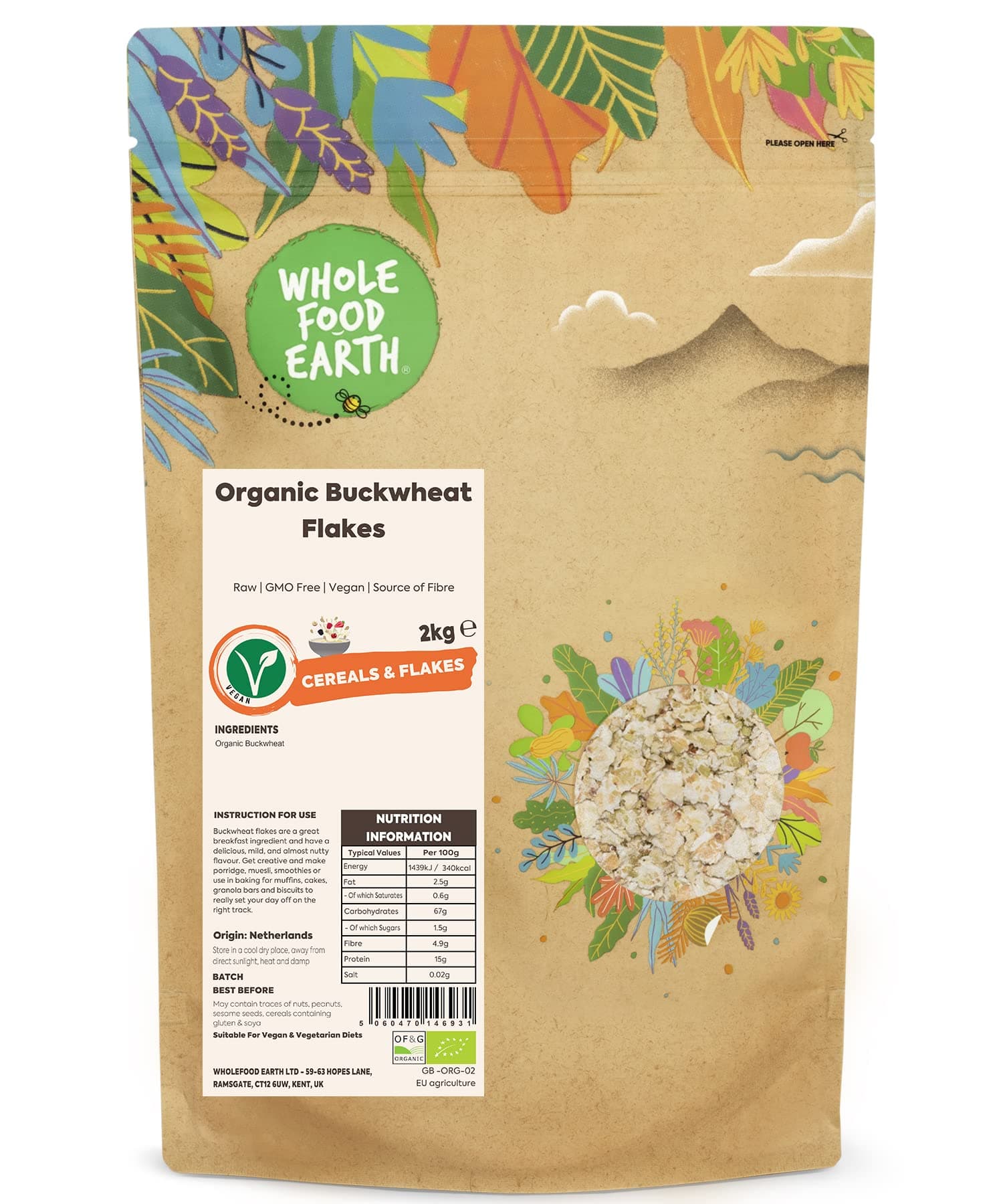 Wholefood Earth Organic Buckwheat Flakes – 2 kg | Raw | GMO Free | Vegan | Source of Fibre | Certified Organic