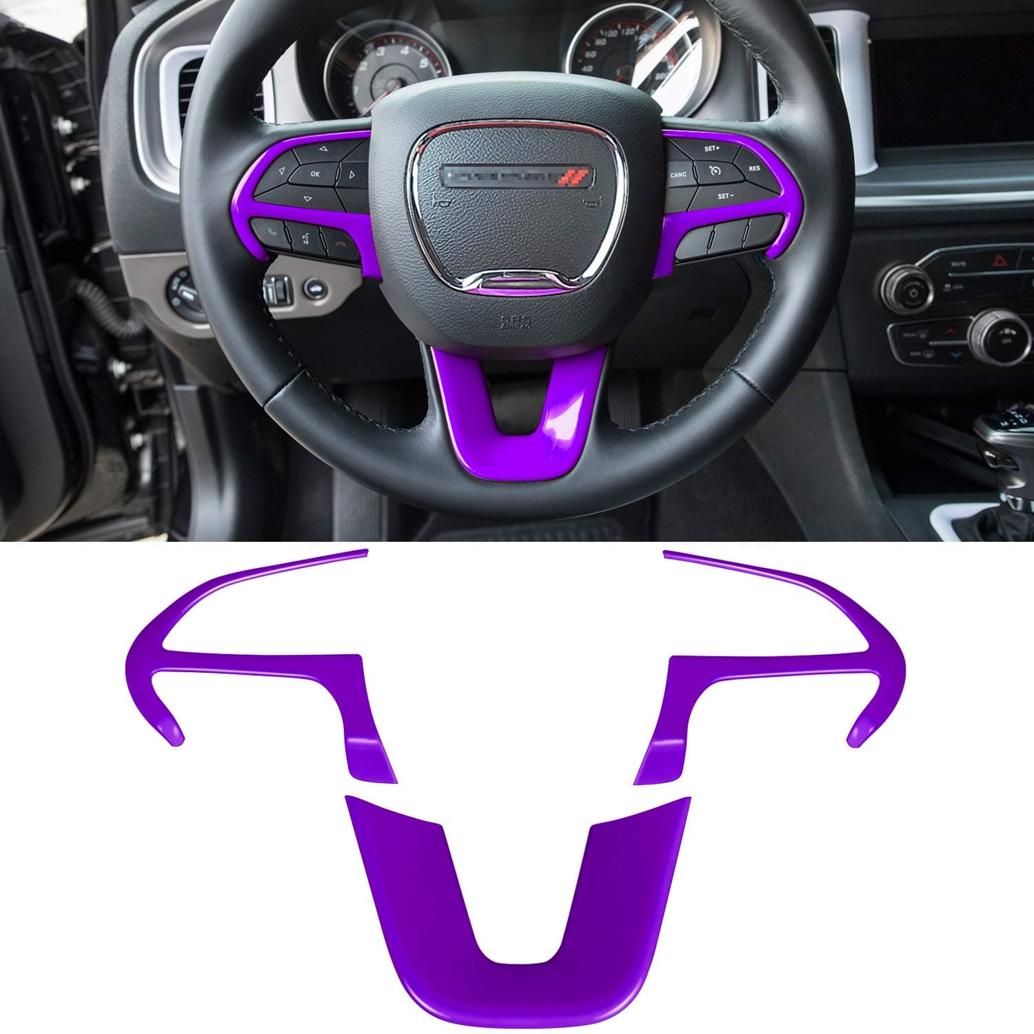Steering Wheel Cover Trim Interior Accessories Decoration Kit for 2015-2024 Dodge Challenger Charger, for 2014-2024 Dodge Durango & Jeep Grand Cherokee SRT8 (Purple 3PCS)