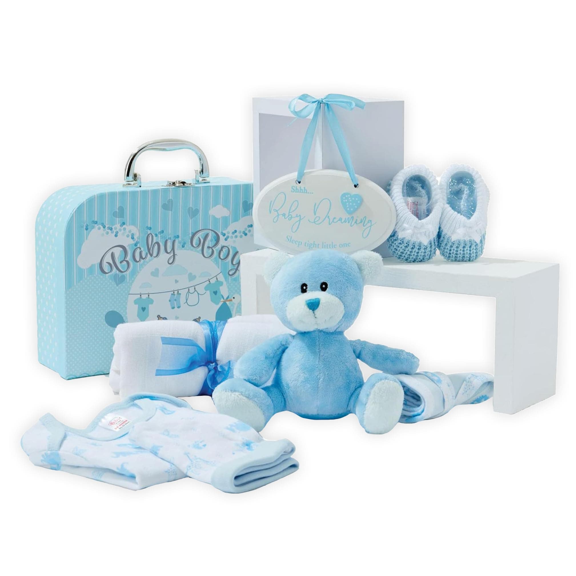 Baby Box Shop - Baby Boy Gift Set - Newborn Baby Shower Hamper, Baby Gift Box with Clothes, Toys and Keepsakes, Ideal for Newborns and New Parents