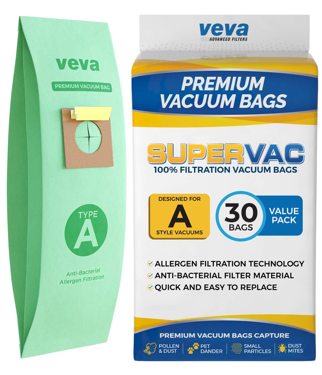 VEVA30 Pack Premium SuperVac Vacuum Bags Style A Work with Hoover Type A Upright Vacuum Cleaner, Model 4010001A