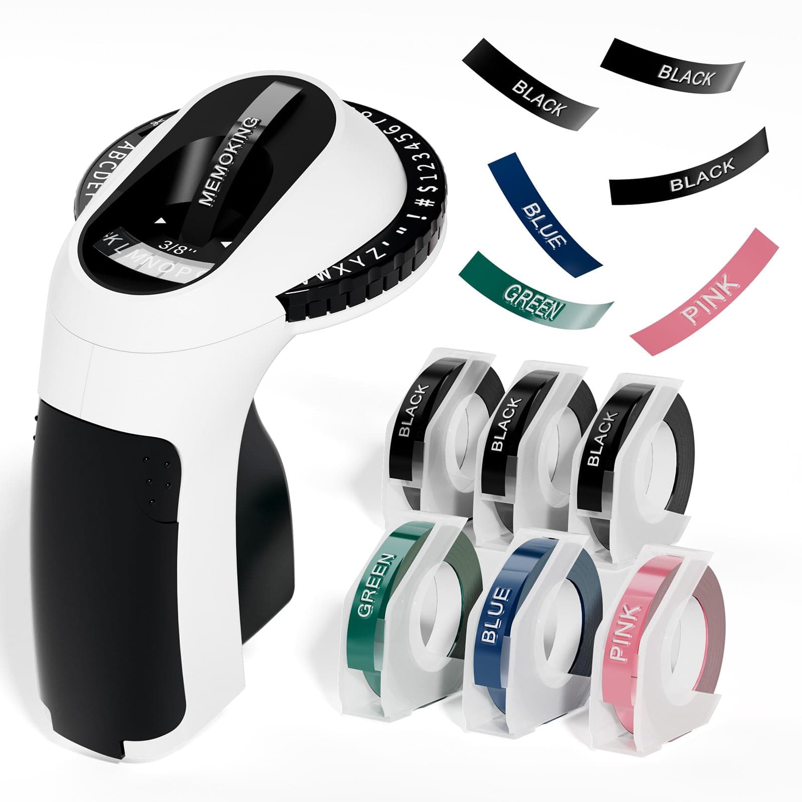 Memoking Embossing Label Maker Machine - E975 Embossing Label Maker with 6 Rolls Tapes 3/8"(9mm), 3D Handheld Labelling Machine, Lettering Embossing for Kitchen Home, Office and Child DIY (Black)