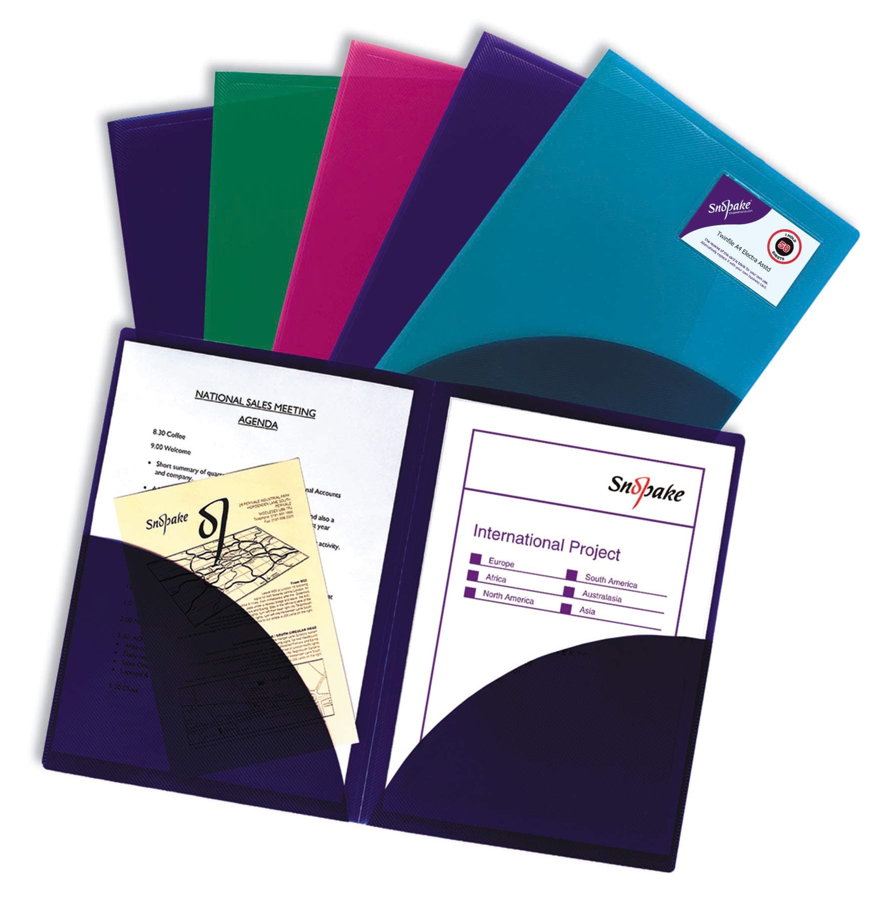 Snopake A4 Electra Assorted TwinFile [Pack of 5] Polypropylene Presentation/Report File [14031]