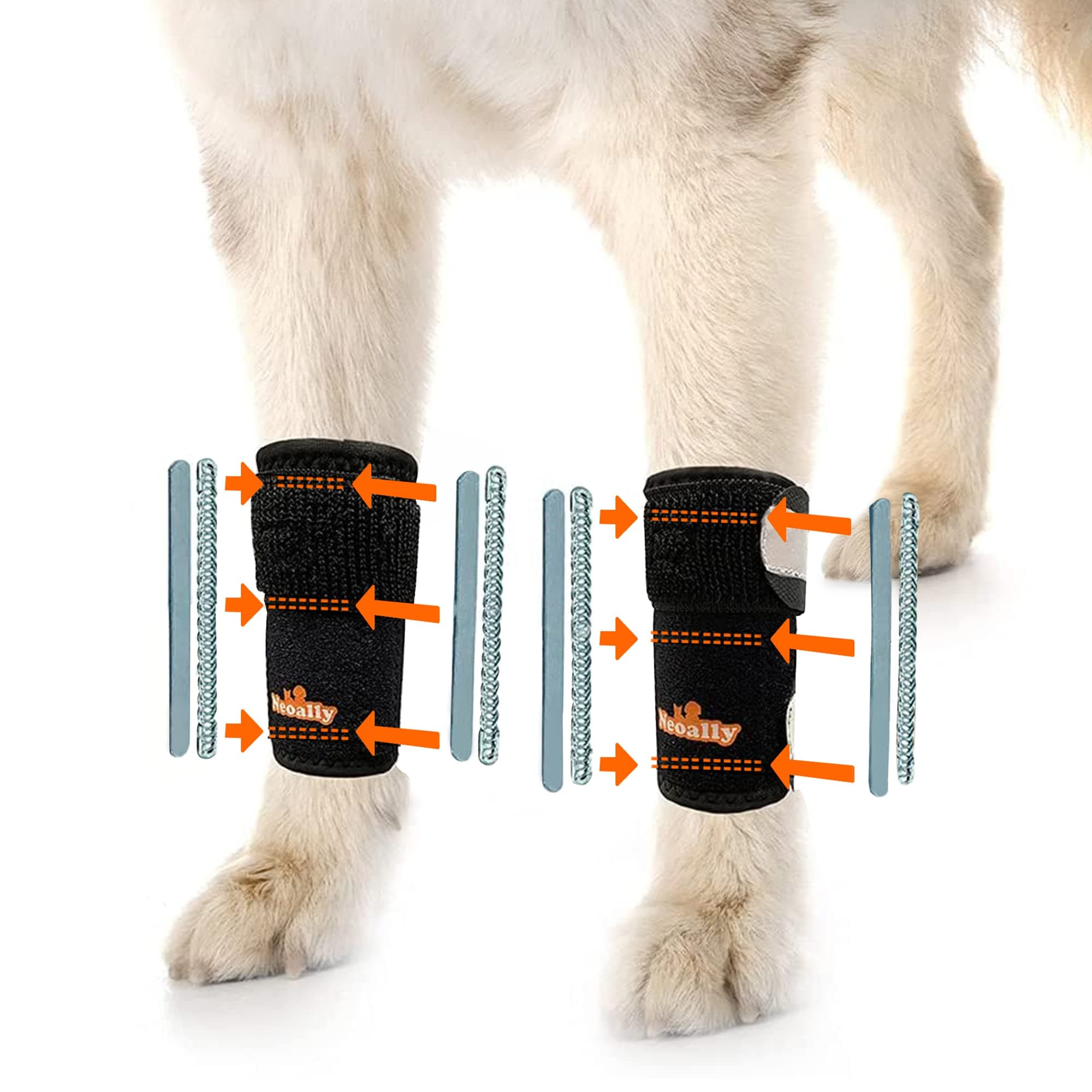 NeoAlly - 3-in-1 Dog Splint Front Leg Support, Front Leg Brace with Rigid and Spring Inserts, Dog Leg Sleeve for Pet Mobility, Stability, & Protection, With Reflective Straps, XXS-XS, 1 Pair