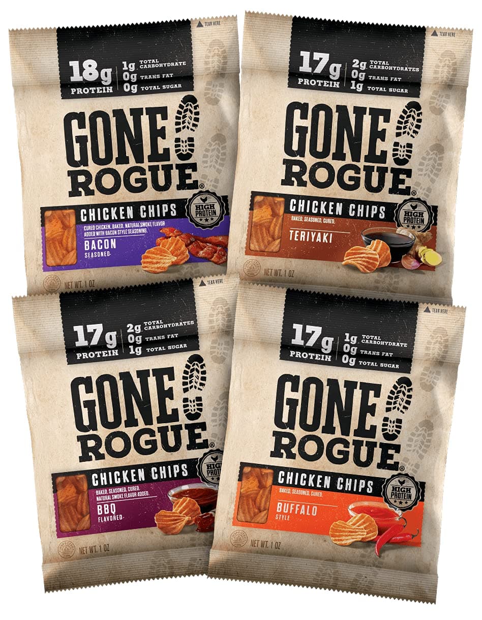 Gone Rogue High Protein Chips, Low Carb, Gluten Free, Keto Friendly Snacks - Variety Pack, 4 pack, 4 Flavors: Chicken Bacon, Buffalo Style Chicken, Teriyaki Chicken & BBQ Chicken