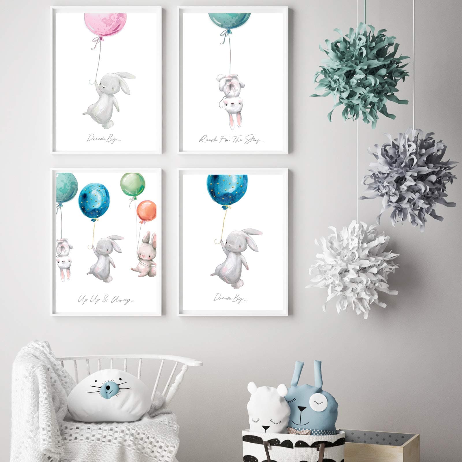 Little Angels Jamboree Nursery Prints Childrens Bedroom Pictures Decor Boy Girl Baby Rabbit Wall Art (pack of 4 A4 prints for 1 price)