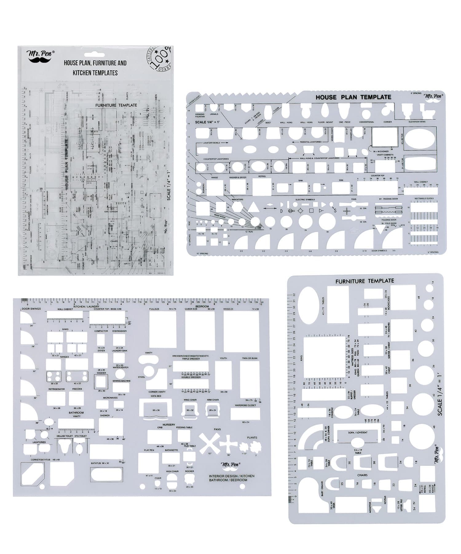 Mr. Pen- House Plan, Interior Design and Furniture Templates, Drafting Tools and Ruler Shapes for Architecture - Set of 3